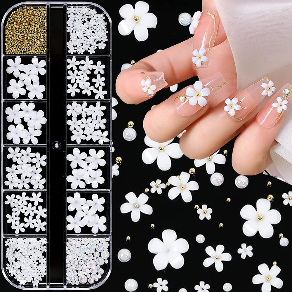 3D Flower Nail Art Charms, 250Pcs White Flowers Nail Rhinestones Kit 3D Crystal Nail Pearls Flat Design Acrylic Nail Art Studs Manicures Nail Accessories for Women Girls image number 5
