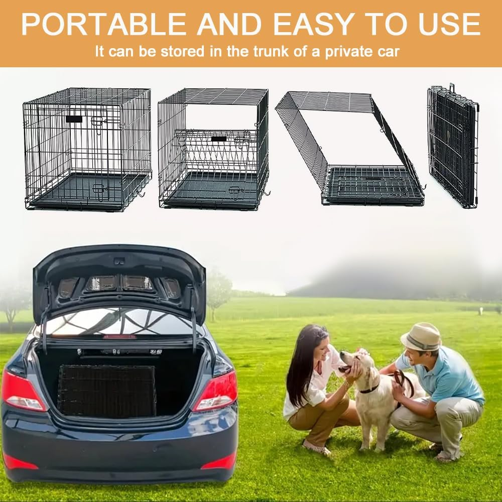 36" Dog Crate Cage, Double Door Folding Dog Cage, Pet Kennel Crates with Removable Tray, Dog Fence House Outdoor Indoor Portable Carrier image number 3