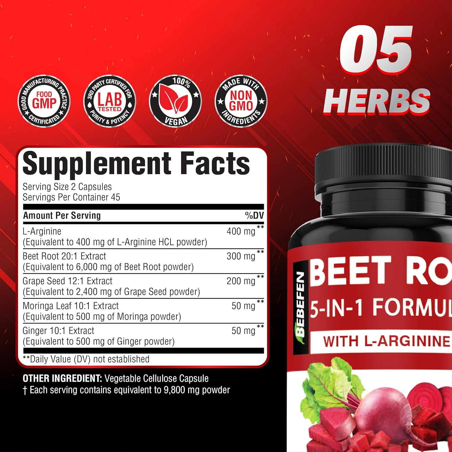 Beet Root Capsules with L-Arginine | Grape Seed | Moringa | and Ginger - 5In1 Beet Supplement - Equivalent 9800Mg per Serving - 90 Capsules image number 3