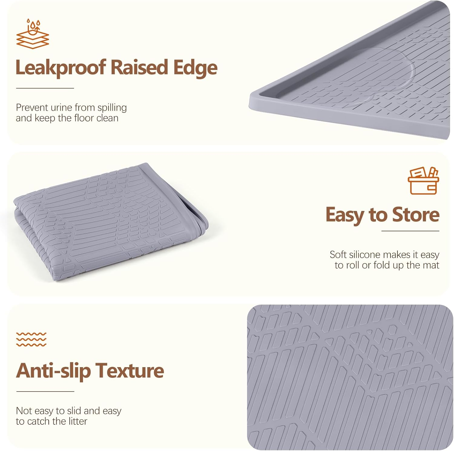 Bartuke Large Cat Litter Mat with Toy Ball, 38'' X 25'' Silicone Cat Litter Trapping Mat for Scatter Control, Soft on Kitty Paws, Easy to Clean (Light Grey) image number 1