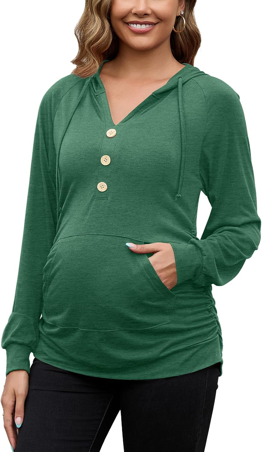 GINKANA Maternity Hoodies Long Sleeves Shirts Half Button Decoration Sweatshirt V Neck Pullover with Pockets Pregnancy Tee