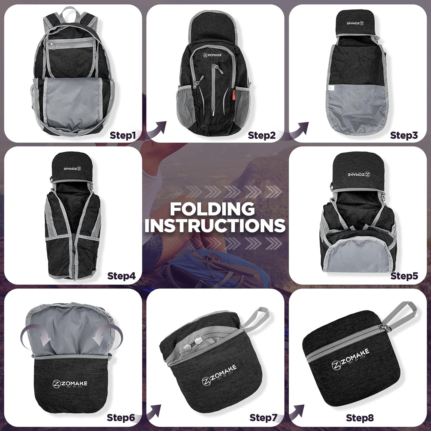 ZOMAKE Lightweight Folding Backpack - 10L Foldable Packs Small Travel Daypack for Hiking Camping Outdoor image number 4