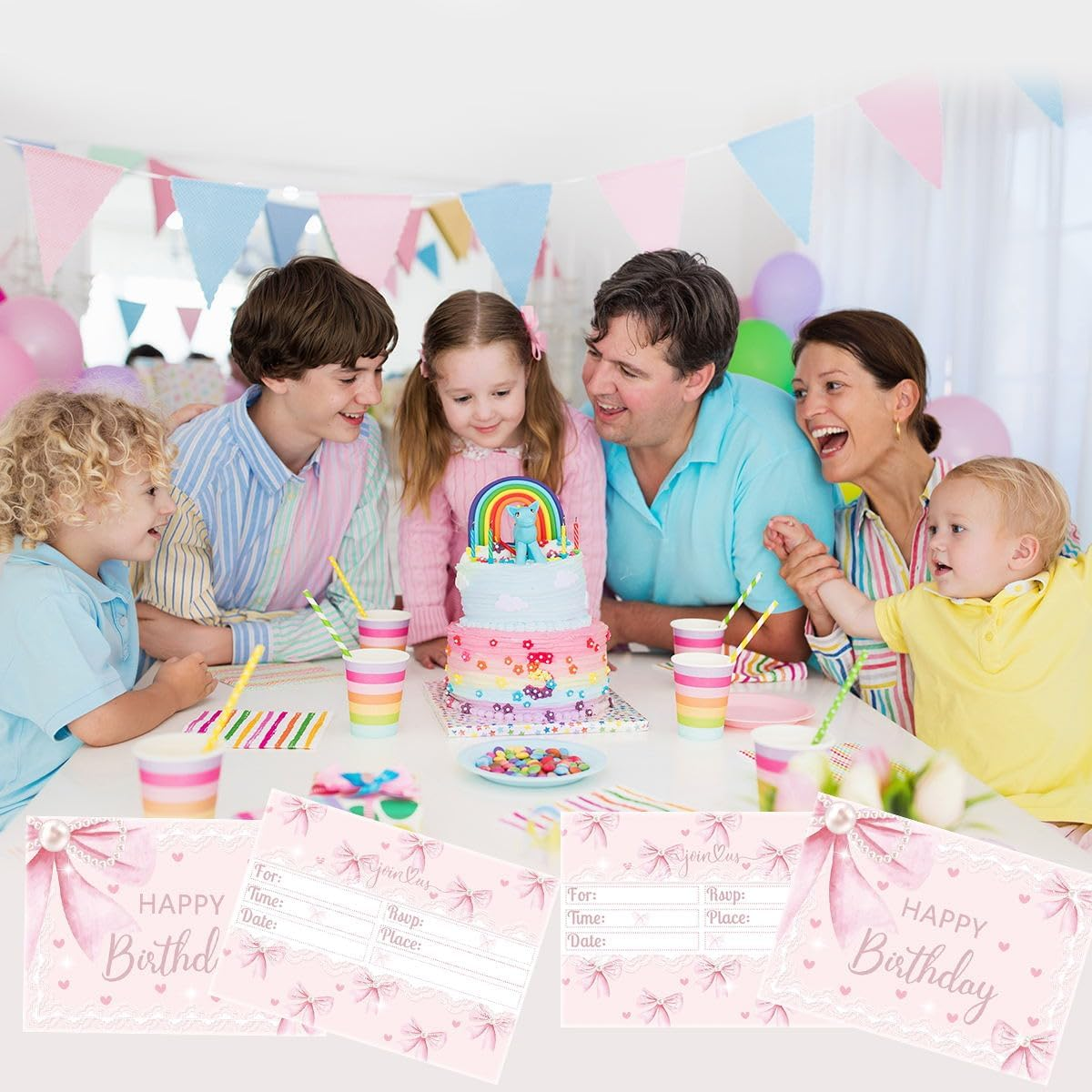 OUSHISS 24Pcs Pink Bow Birthday Party Invitation Cards, Pink Bow Coquette Birthday Party Supplies, Bow Kids Party Decoration Supplies image number 5