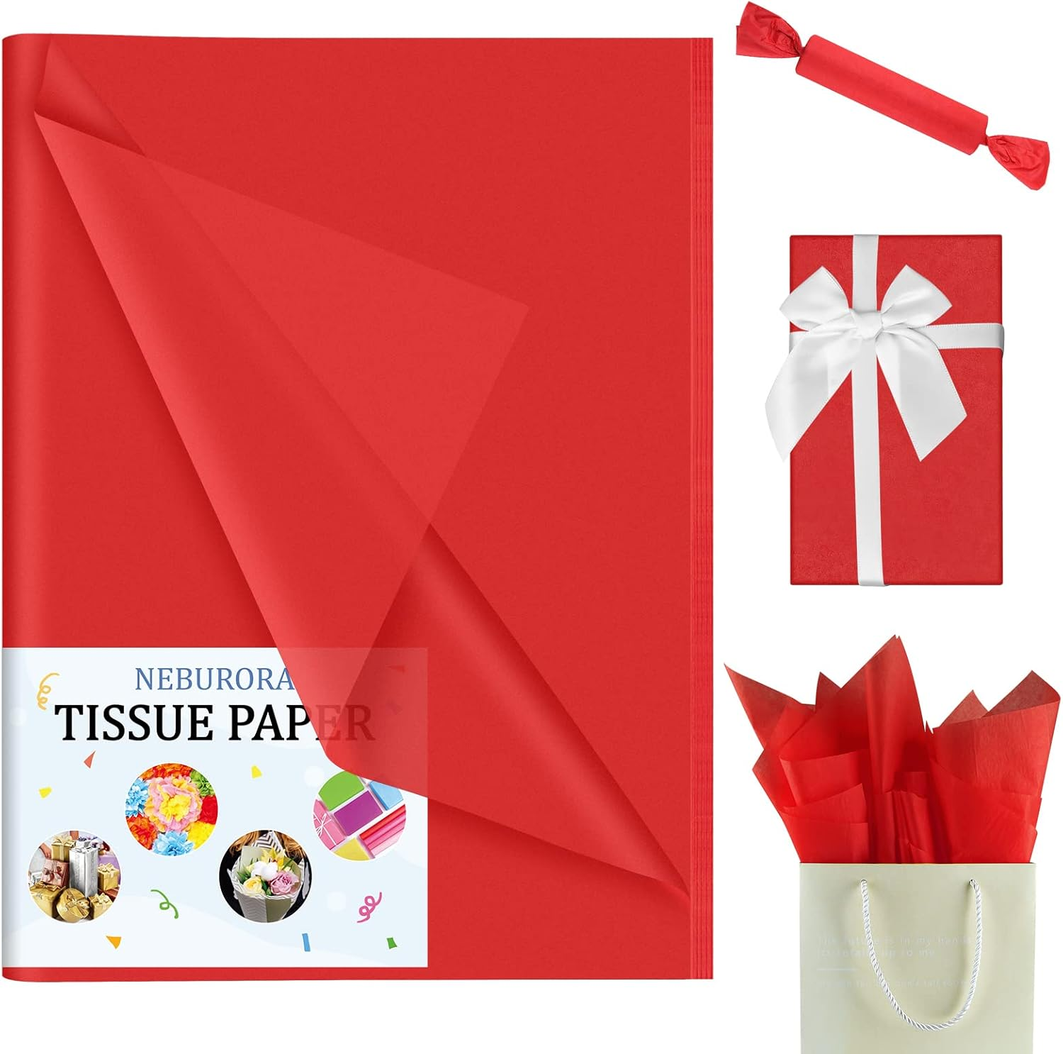 NEBURORA Red Tissue Paper for Gift Bags - 60 Sheets, 14 X 20 Inch, Bulk Packaging Paper for Gift Wrap, Filler, Flower Crafts, Birthday, Wedding, Valentine'S Decor - 10 Colors image number 2
