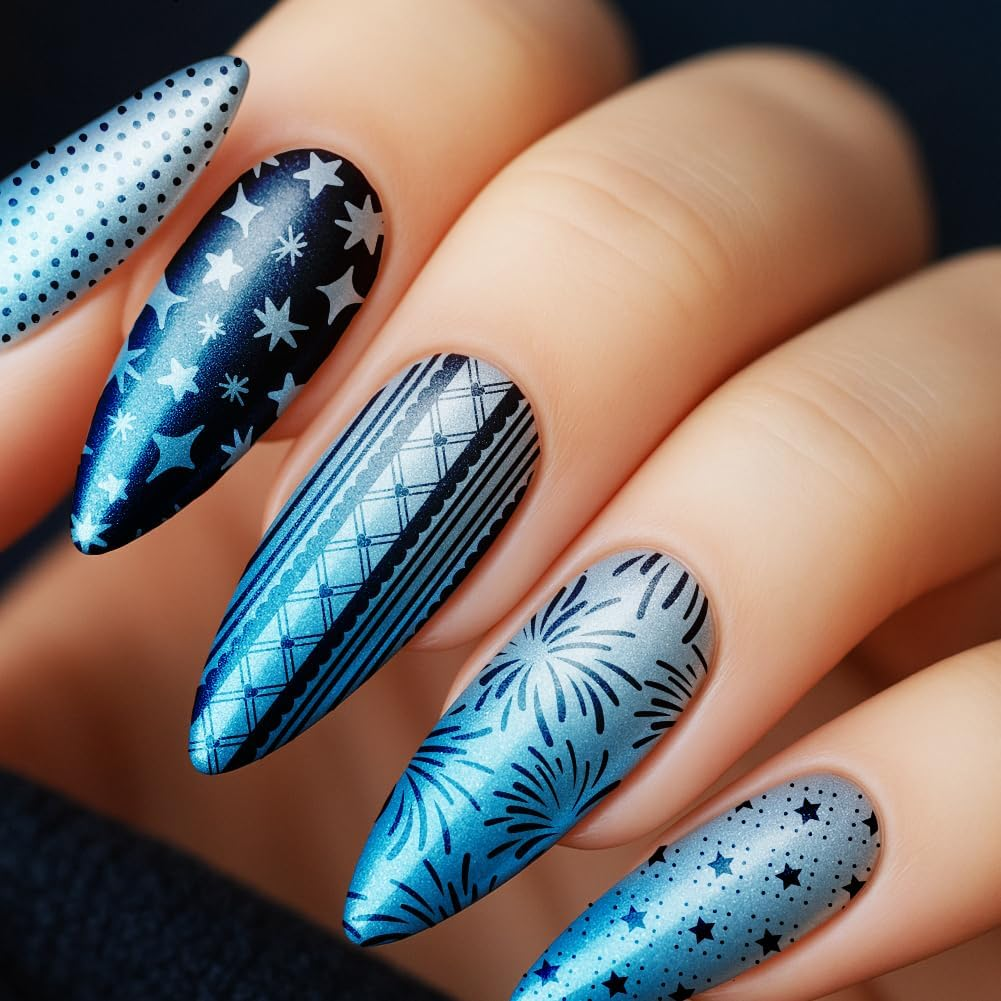 PH Pandahall Pack of 3 Cheer Nail Stamping Plate Bow Cake Gift Fireworks Snowflake Nail Art Templates Beautiful Stencils Stainless Steel Picture Plates for Birthday Christmas Holiday Winter image number 1