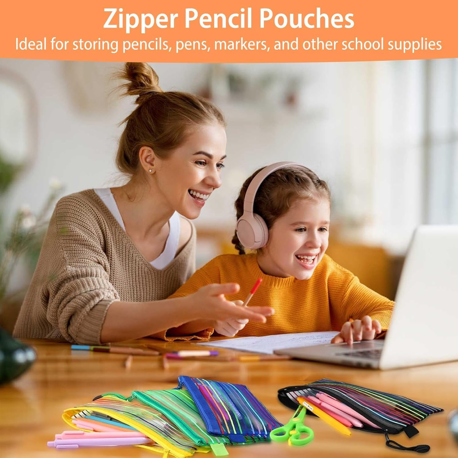 40 Pack 10 Colors Zipper Mesh Pouch, Storage Pencil Pouches, Multipurpose Pencil Pouch Bulk for School and Office Supplies, Cosmetics Travel Accessories, Multicolor image number 2