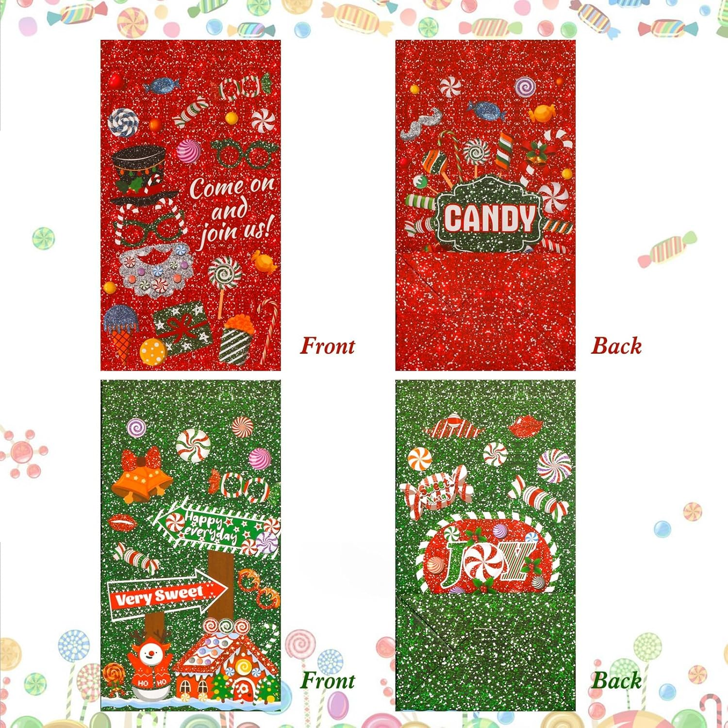 Rukoy 100 PCS Christmas Candy Bags,Christmas Paper Bags,Merry Christmas Candy Bags with Stickers, 12Pcs Christmas Peppermint Treat Bags for Xmas Holiday Party Favors Lollipops Goodie Bags, Party Gift Bags for Present Packing image number 4