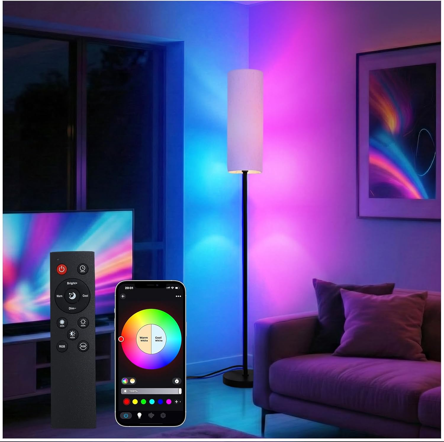 170Cm Smart LED Floor Lamp with APP Control & RGB Colors - Dimmable Standing Lamp for Living Room, Bedroom, Gaming - Remote, Timer, 9W Bulb Included image number 2