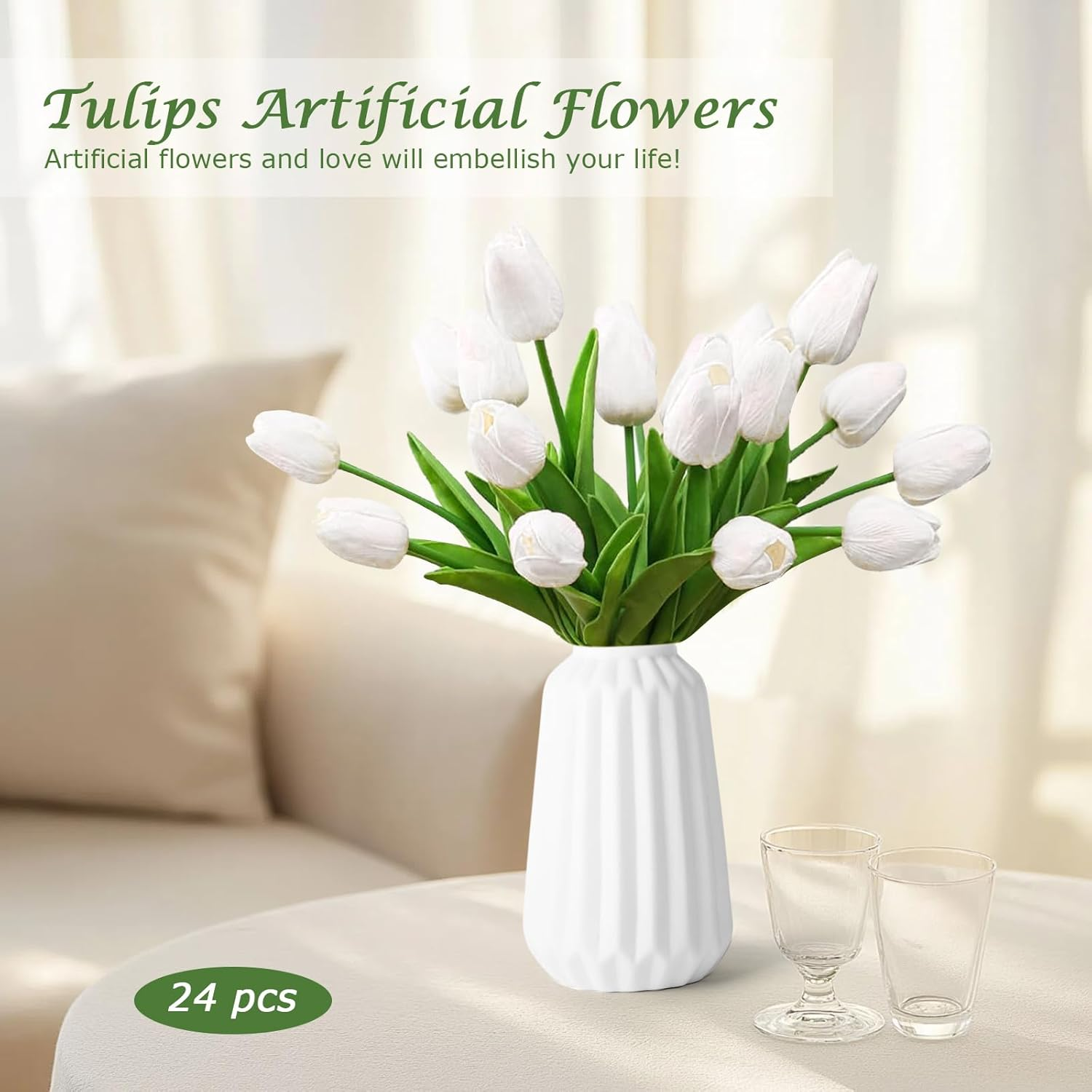 Tulips Artificial Flowers 24Pcs Faux Silk Tulip Real Touch Tulip Fake Flowers Bouquets Arrangements for Easter Spring Flowers Valentine&rsquo;S Day Mother'S Day Flower Gifts Home Table Decor (White) image number 1