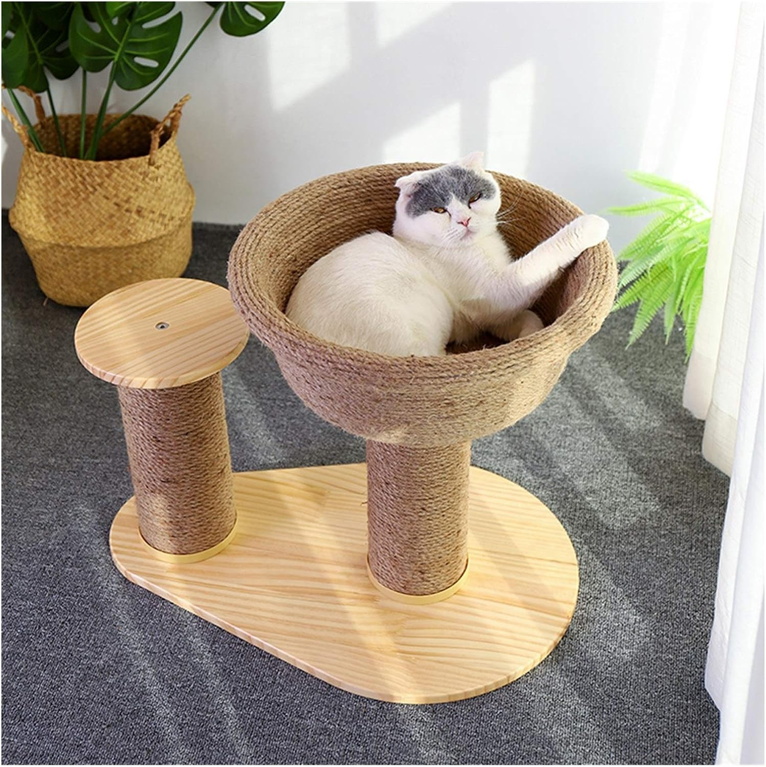 Cat Scratching Post, Natural Bowl Shaped with Perch Cat Tree, Durable Cat Scratcher Pole with Sisal Rope (Color : Brown) image number 2