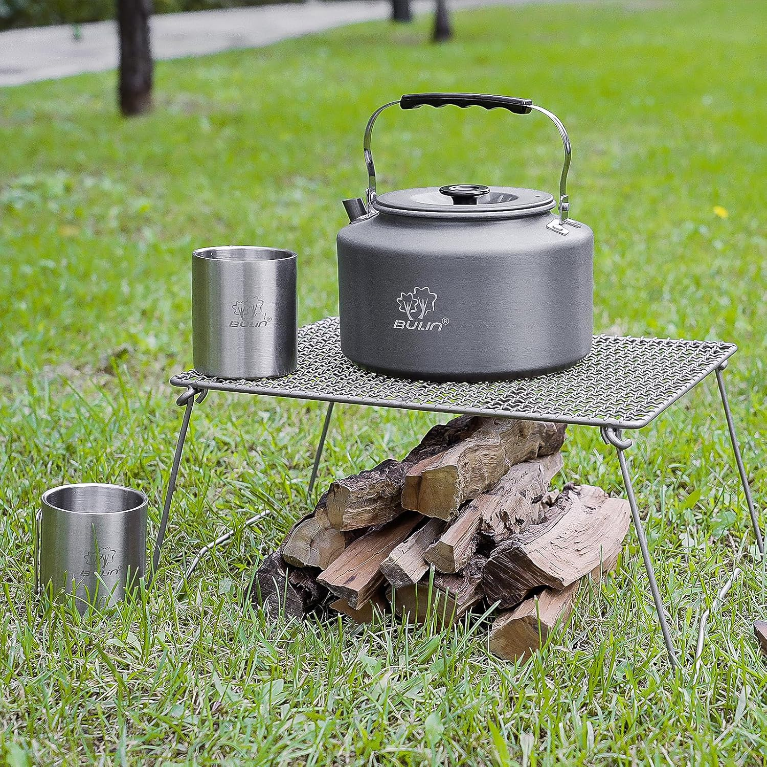 Bulin 2.2 L Camping Tea Kettle with 2 Cups Kettle Outdoor Stainless Steel Cup with Lid and Foldable Handle for Outdoor Picnic Hiking