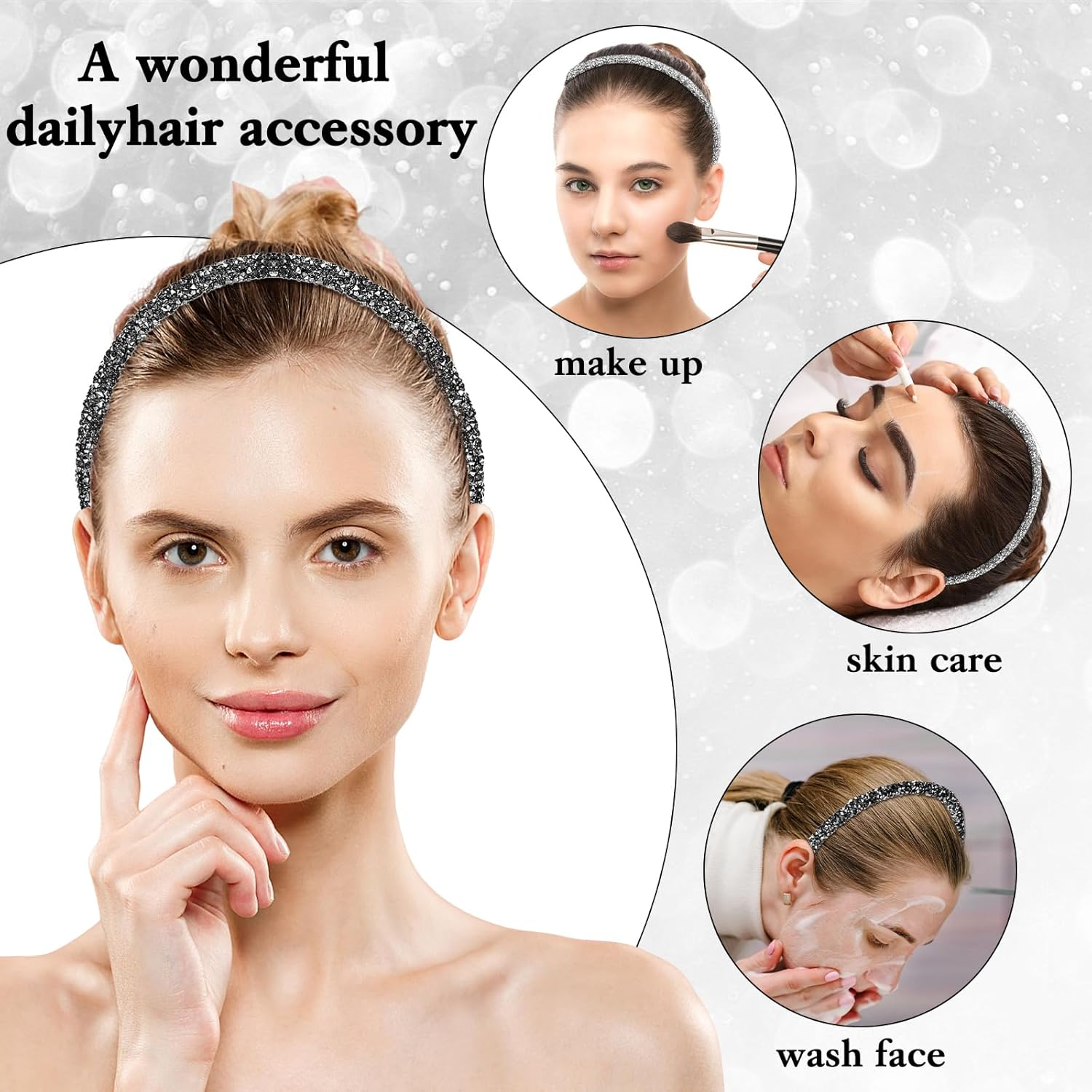 2Pcs Rhinestone Headband, Sparkly Crystal Headband for Women Girls Glitter Diamond Headbands Bling Hair Styling Accessories for Wedding Birthday Party (Black and White) image number 4