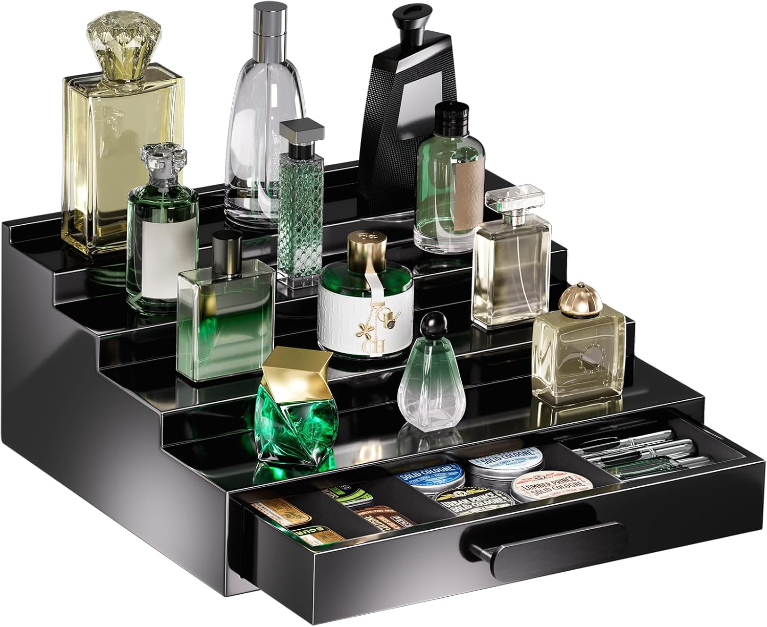 Procase 4 Tiers Lacquered Finish Wooden Cologne Organizer for Men, Perfume Display Stand Shelf with Drawer, Men'S Cologne Storage Rack, a Perfect Cologne Holder for Men -Black