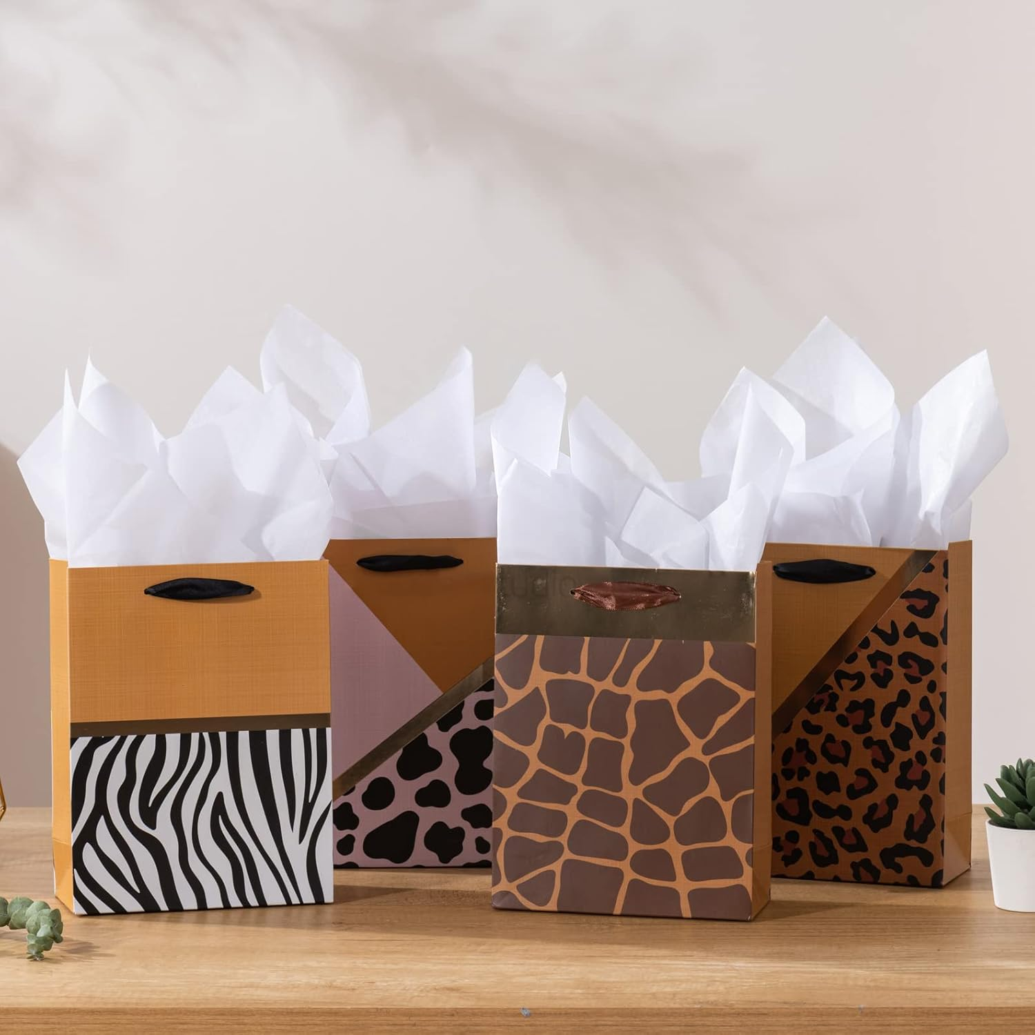 4 Pack Gold Gift Bags with Tissue Paper, 7X3X9 Inch, Perfect for Birthdays, Showers, Fathers' Day, Christmas, Weddings and Parties