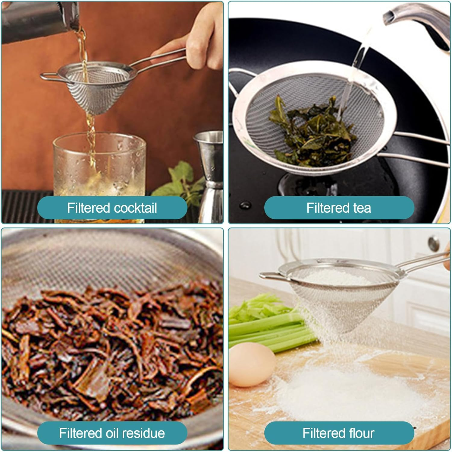 2 Pack Fine Mesh Strainer, Small Stainless Steel Sieves with Handles, for Steeping Loose Leaf Tea, Straining Cocktail, Juice and Sifting Flour, Powdered Sugar (2Pcs-Conical) - 3Pcs image number 2