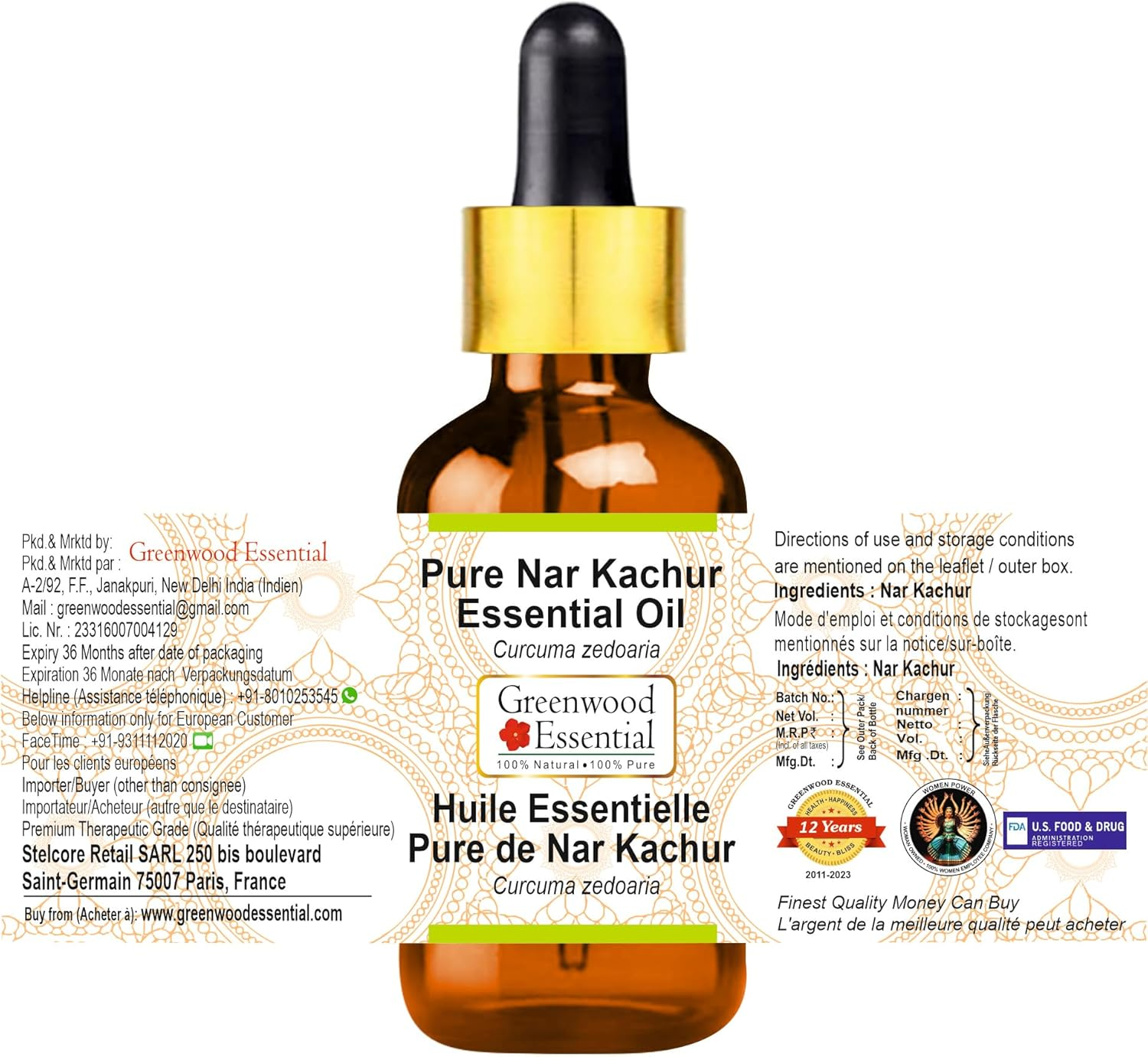 Greenwood Essential Pure Nar Kachur Essential Oil (Curcuma Zedoaria) with Glass Dropper Steam Distilled for Personal Care (Pack of Three) 100Ml X 3 (10Oz) image number 3