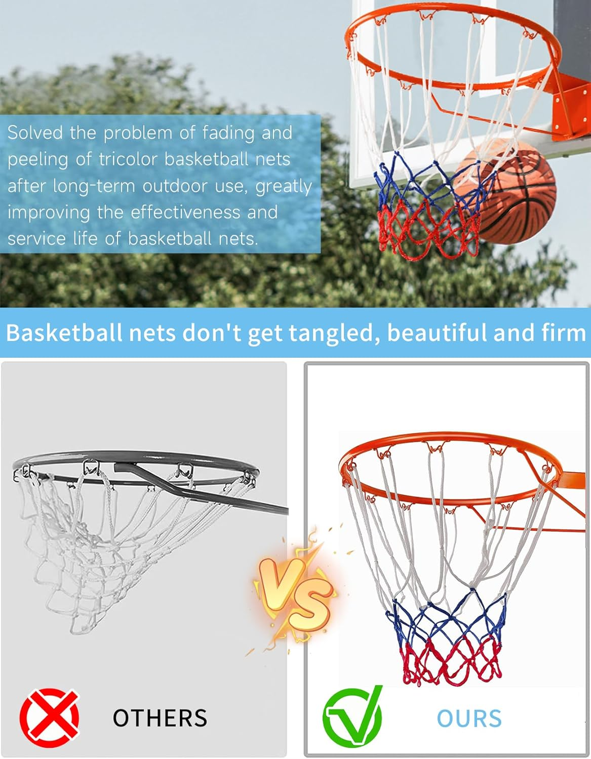 2 PCS Professional Polyester Braided Multicolor Basketball Net Replacement - Standard Size for Indoor and Outdoor, Heavy Duty 12 Ring Mesh image number 1