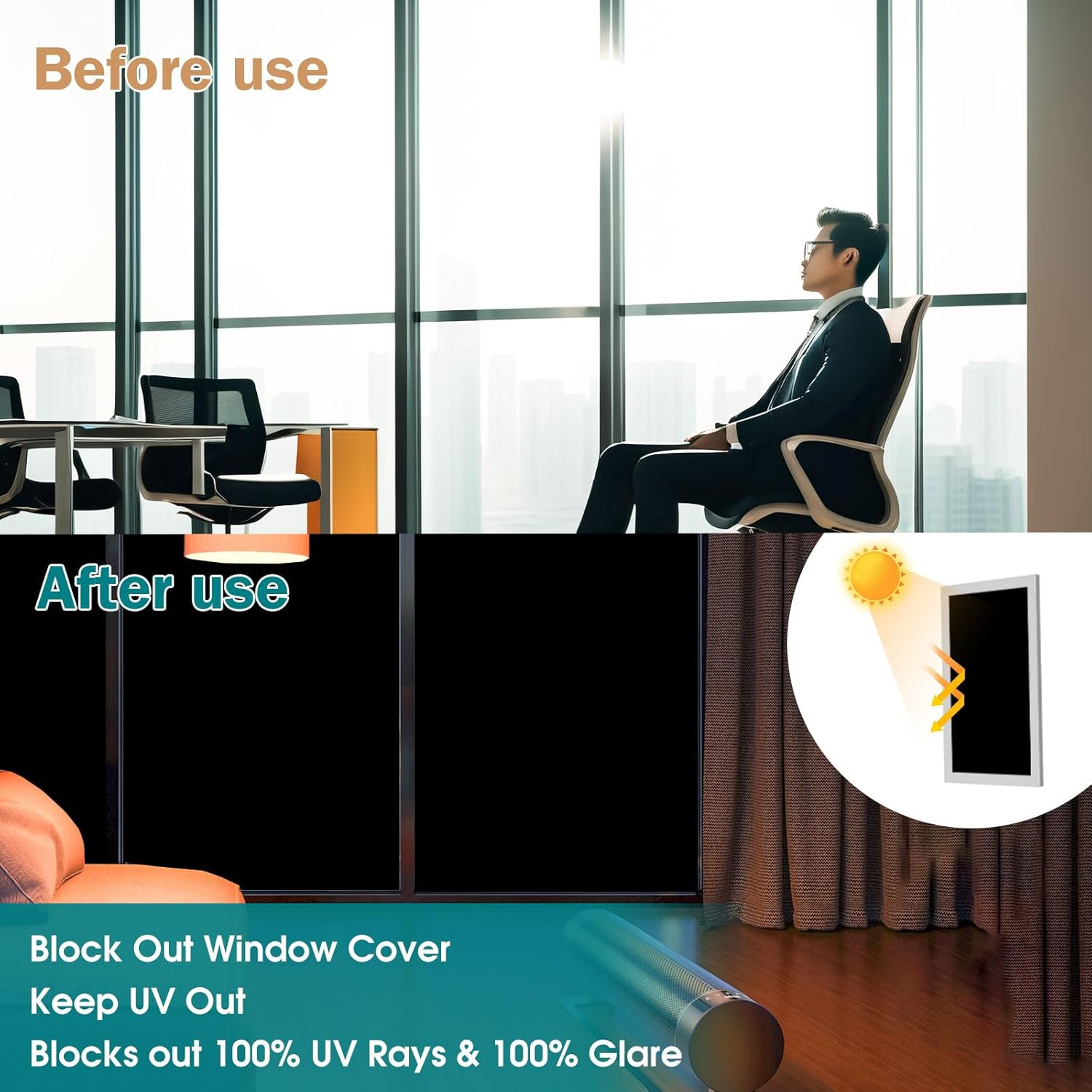 Blackout Window Film - 100% Privacy Blackout Window Cover, UV Heat Light Blocking Window Tint for Daytime Sleep Room Darkening Sun Control (Black, 50Cm &times; 5M) image number 1