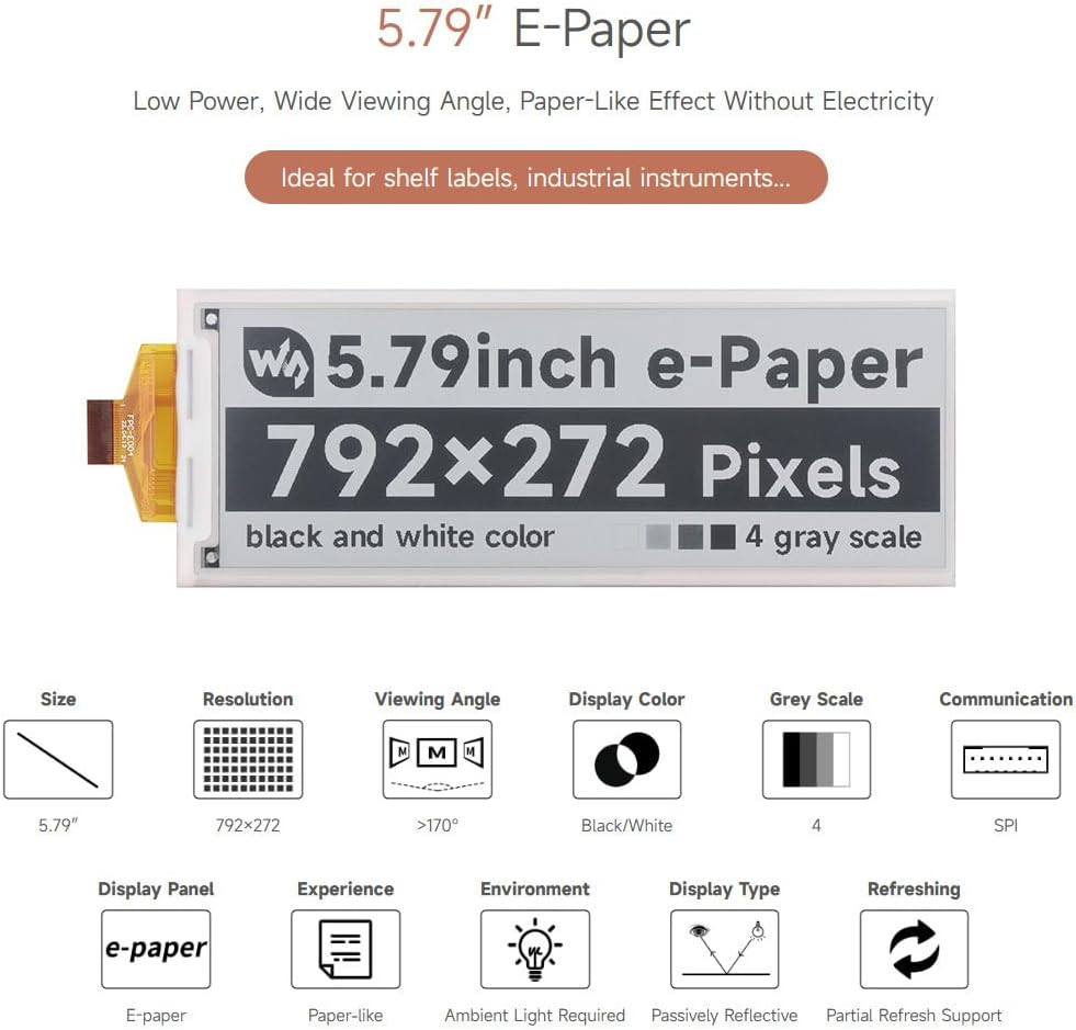 Waveshare 5.79Inch E-Paper Raw Display, Compatible with Raspberry Pi, E-Ink Display, 792X272, Black/White, SPI Communication, without Driver Board image number 4