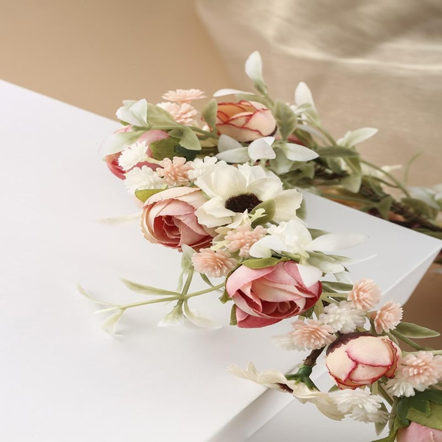 Bridal Flower Crown, Women Roses Floral Crown Hair Garland Adjustable, Bohemian Wedding Bridal Flower Headpiece for Womens Girls - Pink image number 3