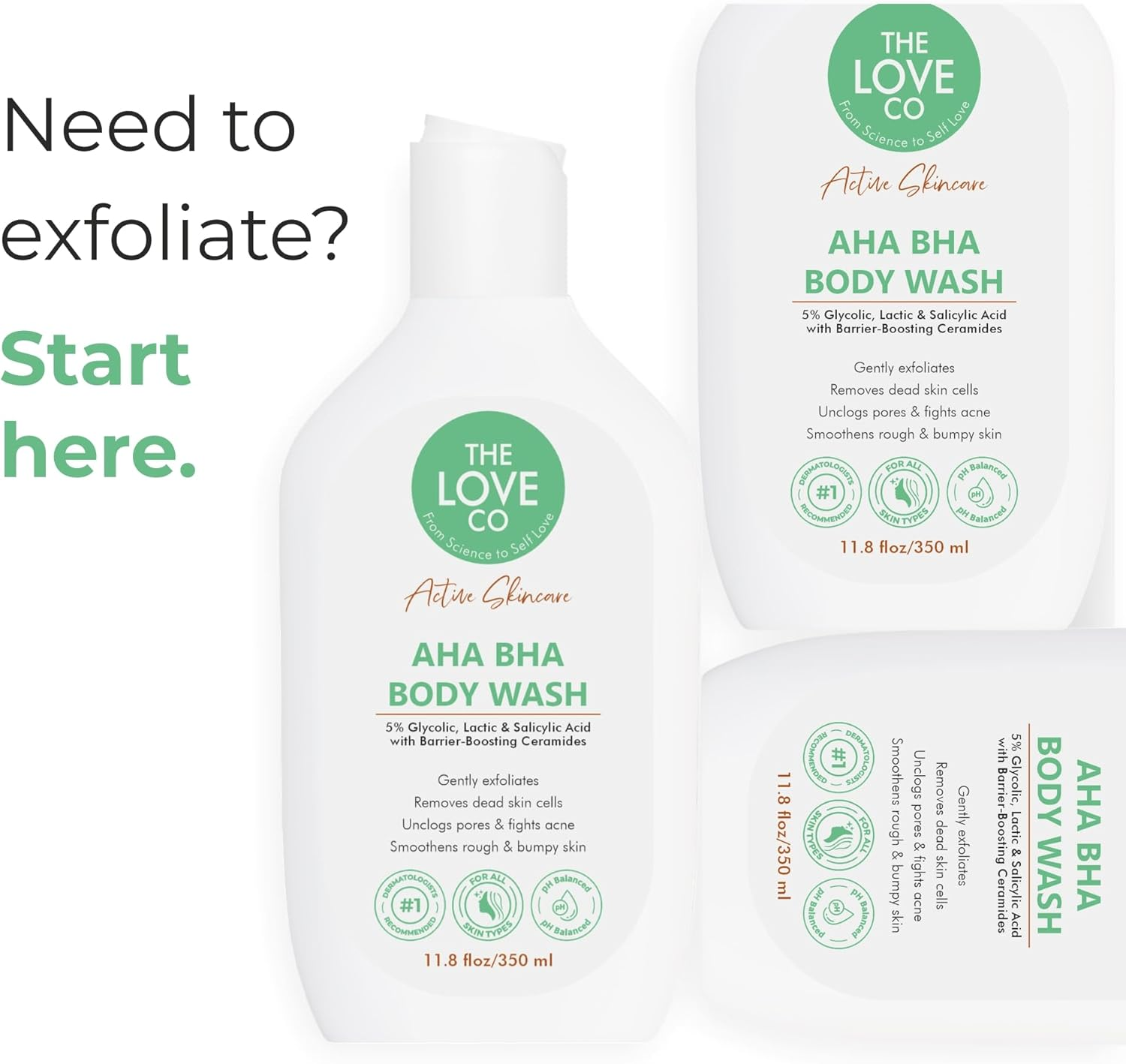 THE LOVE CO. AHA BHA Body Wash | 5% Glycolic, Lactic & Salicylic Acid | Gently Exfoliates, Fights Acne & Unclogs Pores | with Barrier-Boosting Ceramides | Sulphate-Free | Unisex | 350Ml image number 3