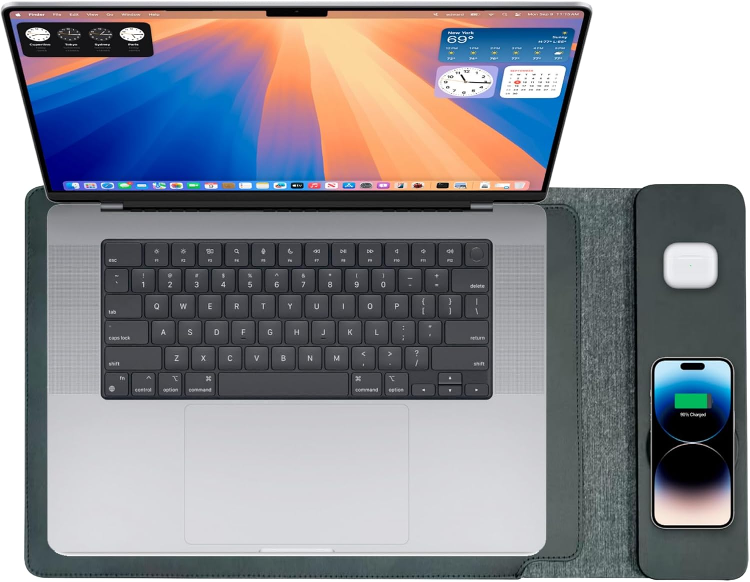 Laser 16" Wireless Charger Laptop Sleeve - Mouse Pad, PU Leather, Magsafe & Qi Compatible, 15W Fast Charge, Water Resistant, Travel Laptop Case - Fits Macbook, Chromebook, Kindle, Ipad Air/Pro (Black)