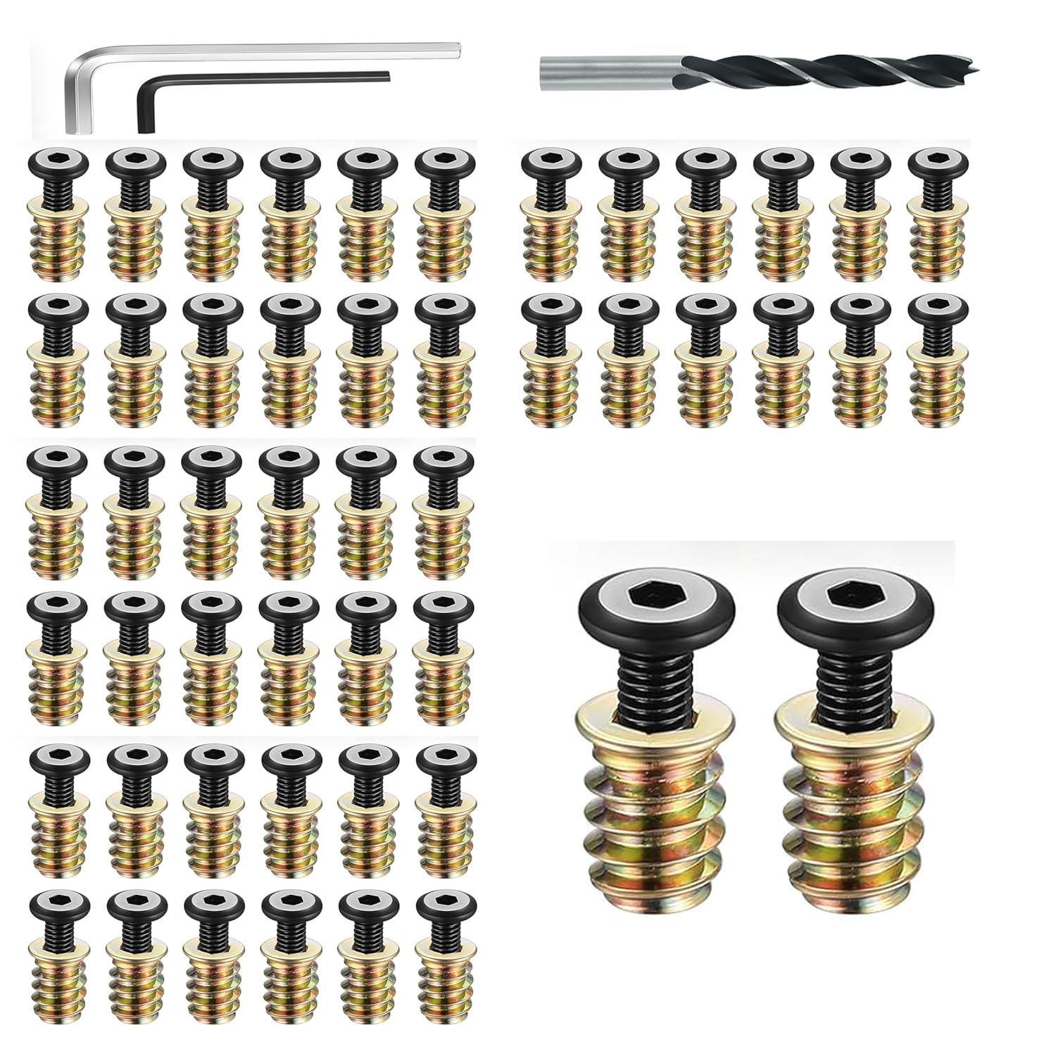Threaded Insert and Bolt Kit, 1/4-20 X 19/32 Inch, 50 Sets, Hex Socket Drive Wood Furniture Hardware with Hex Wrenches, Drill Bit image number 3