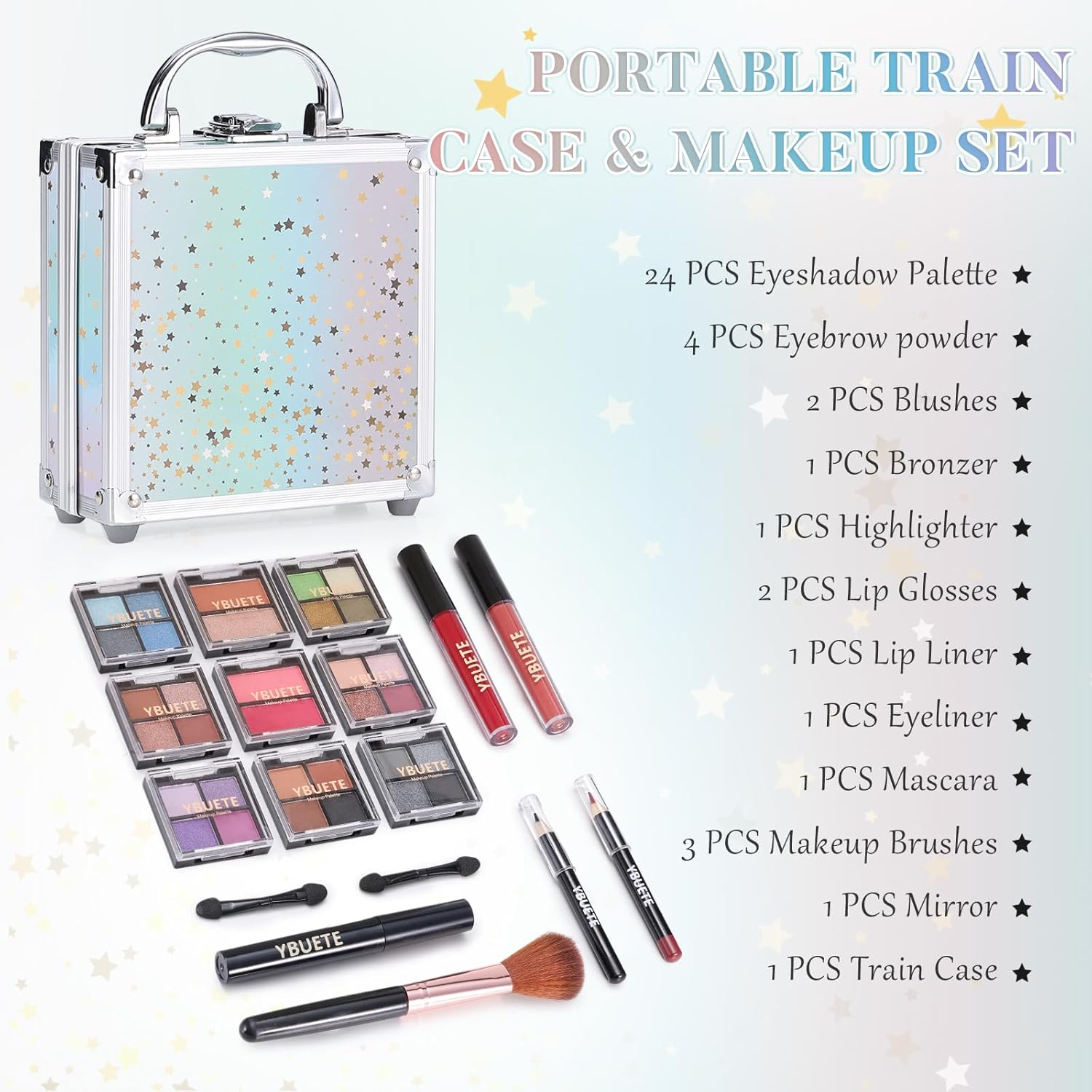 Beginner Makeup Kit for Teen Girl Women, Makeup Present for Her, Set with Cosmetic Train Case Included Eyeshadow Blush Lip Gloss Lip Liner Mascara Eyeliner Mirror (Green) image number 5