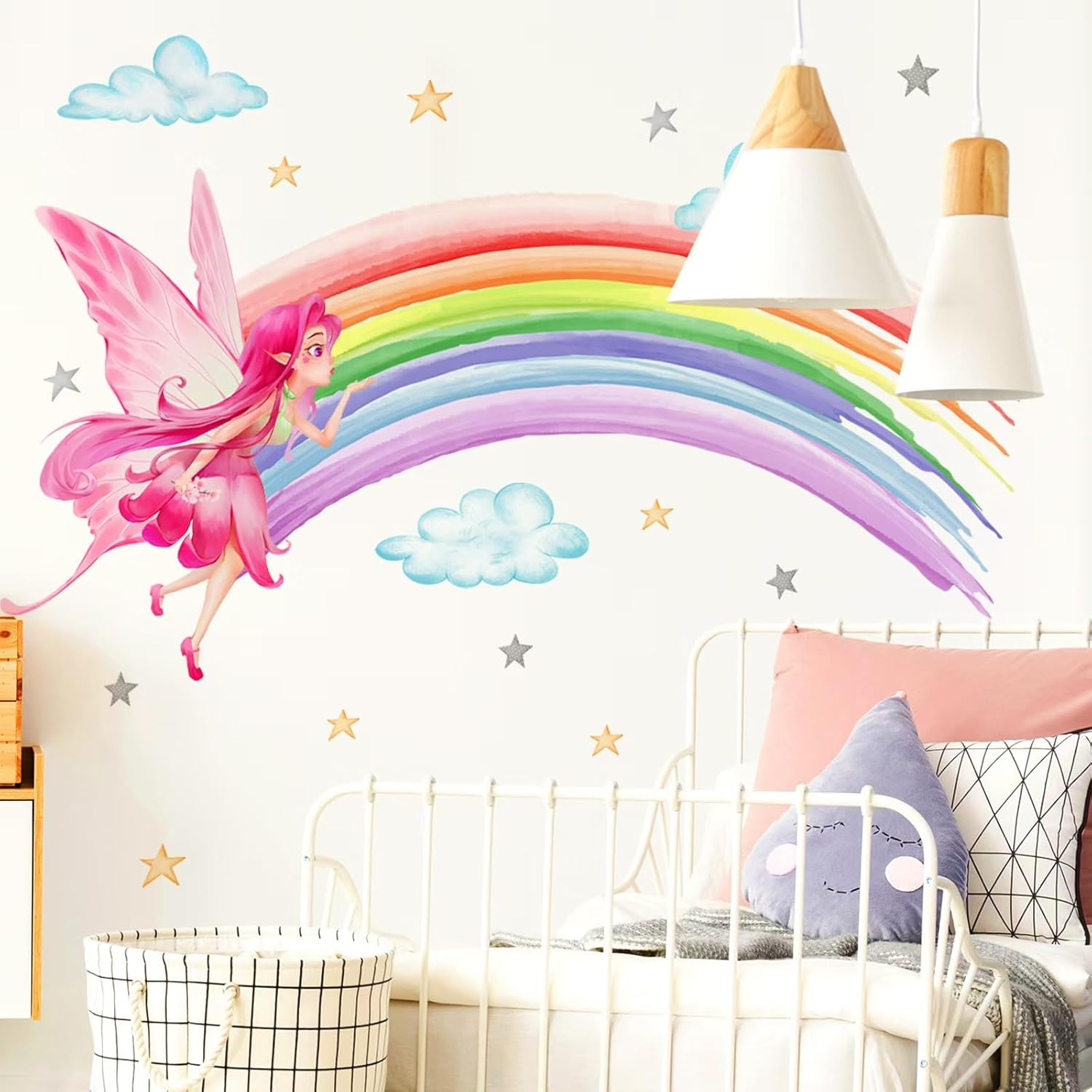 Fairy Wall Stickers Rainbow Clouds Star Wall Decals DIY Art Decor for Baby Nursery Children Bedroom Living Room Kid'S Gift Wall Decor