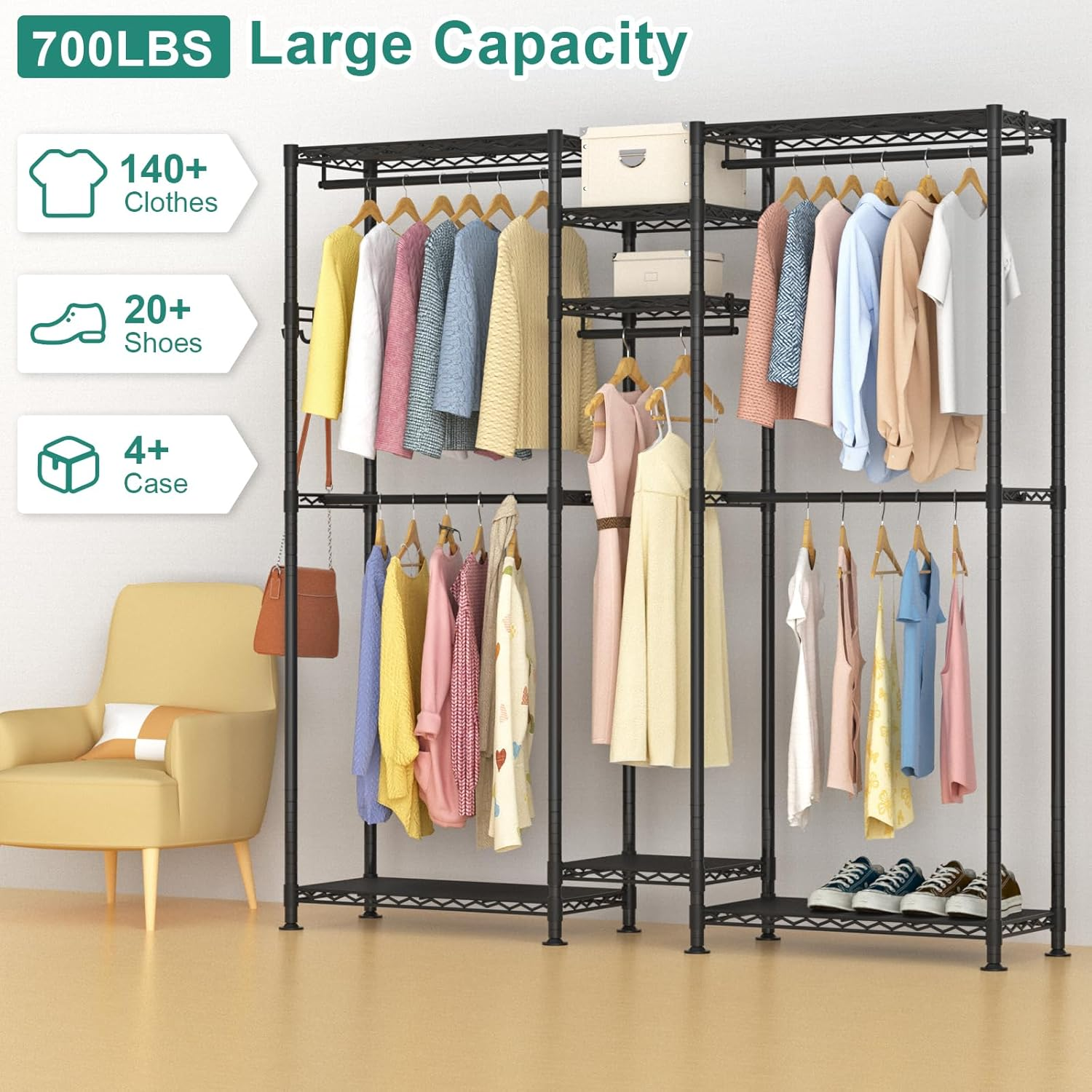 Heavy Duty Clothes Rack, L Shaped Garment Rack for Corner, Metal Freestanding Clothing Rack, Adjustable Wardrobe Closet with 5 Hang Rods & 7 Shelves, 69.7" L X 13.4" W X 76.8" H, Black image number 1