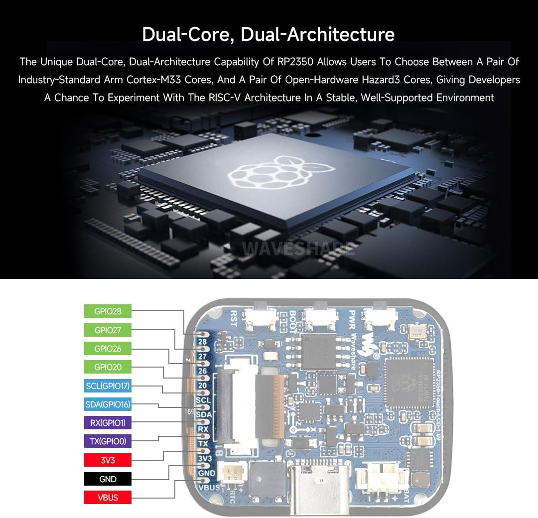 Waveshare RP2350 Microcontroller Development Board, with 1.69Inch Touch LCD, Rounded Corners, Dual-Core & Dual-Architecture Design, 16MB Flash, Accelerometer and Gyroscope Sensor image number 2