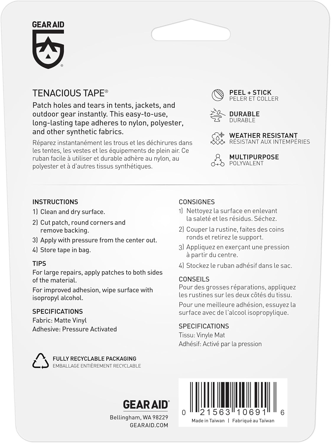 GEAR AID Tenacious Tape Fabric and Vinyl Outdoor Camping Gear Repair Tape, 3&rdquo; X 20&rdquo; image number 1