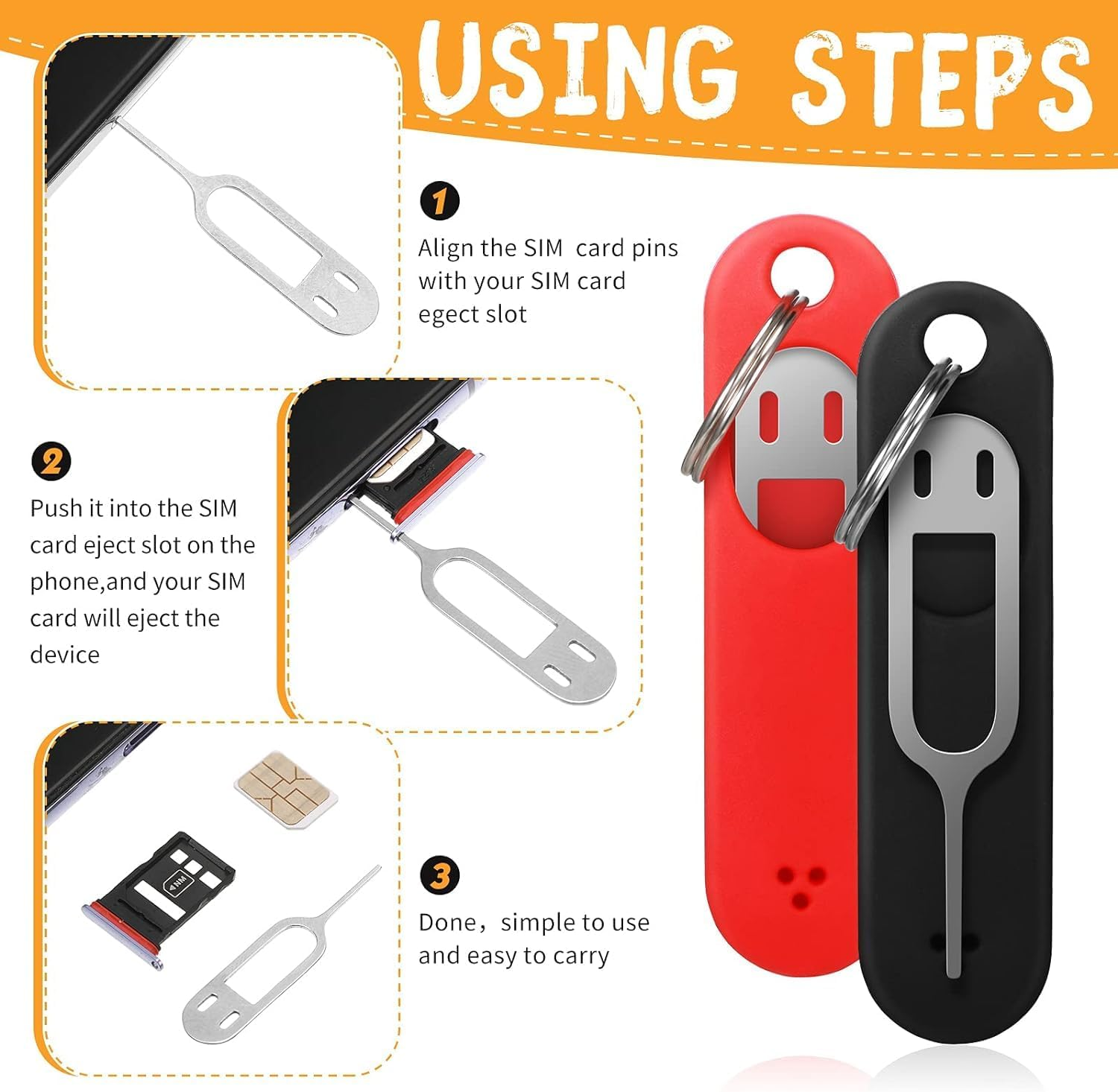 Sim Card Removal Tool Phone Chip Remover Sim Card Unlock Chip Card Pin Tool Sim Card Tray Eject Pin Removal Tools Needle Opener Ejector with Detachable Keychain Charm for Smart Phone, 3 Pieces image number 6
