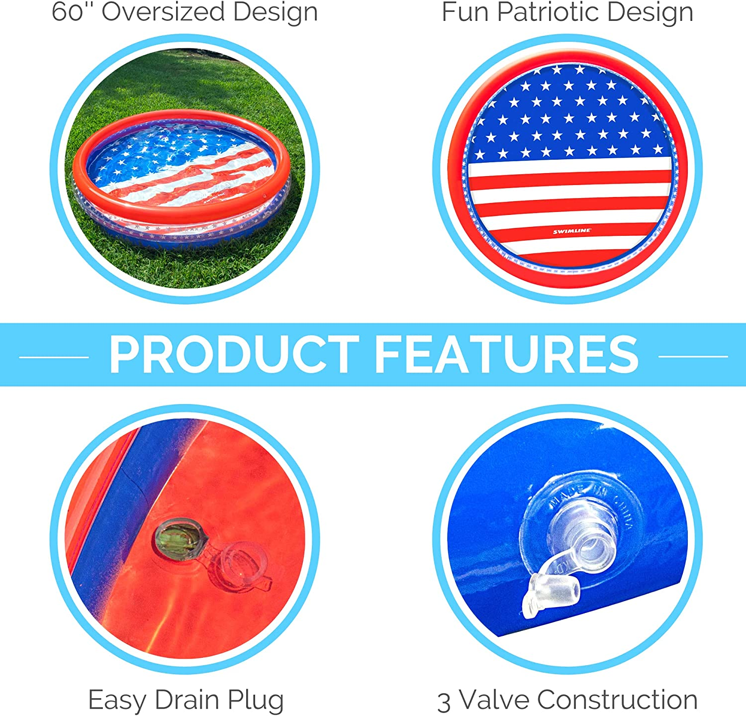 SWIMLINE Americana 3 Ring Kiddie Pool 60'' X 12'' | for Kids Toddlers Children Adults| Ball & Sand Pit Outdoor Indoor Garden Backyard Summer Fun | Blow up Thick Durable Inflatable Splash Pad Sprinkler image number 4