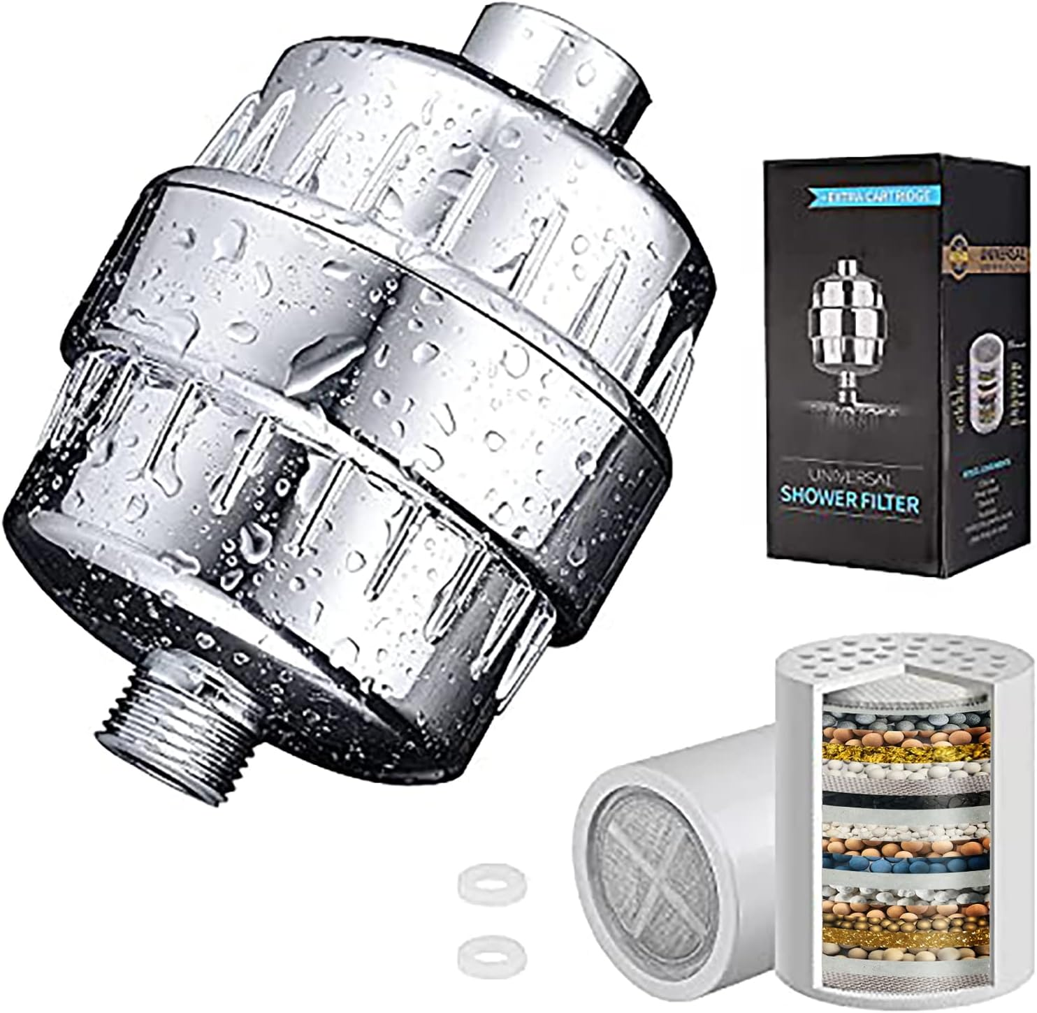 Dogfish 20 Stage Shower Filter,Filtered Shower Head for Hard Water, with 2 Replaceable Filter Cartridges, High Output Universal Shower Water Filter to Remove Chlorine Fluoride Heavy Metals