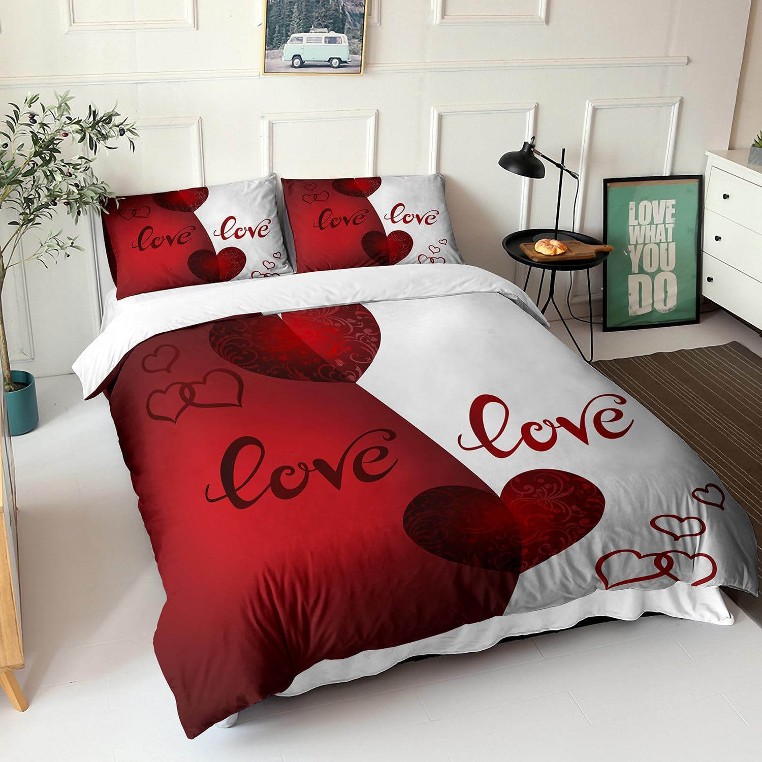 AILONEN Red Hearts Duvet Cover Set Full Size, Red and White Love Bedding Set,Romantic Valentine Comforter Cover Set,Couple Hearts Love Duvet Cover Set 3 Pieces, 1 Quilt Cover and 2 Pillowcases image number 4
