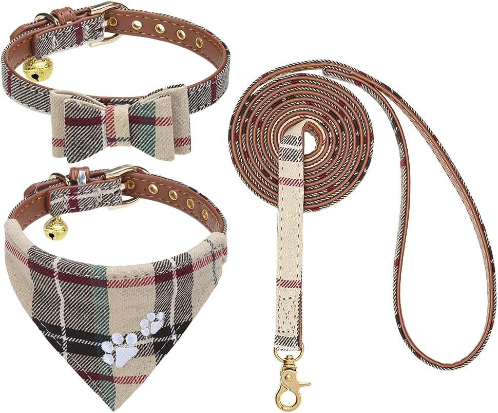 EXPAWLORER Dog Leash Collar Set - 3 Pack Plaid Pattern Adjustable Escape Proof Leash Collar Set for Outdoor Walking