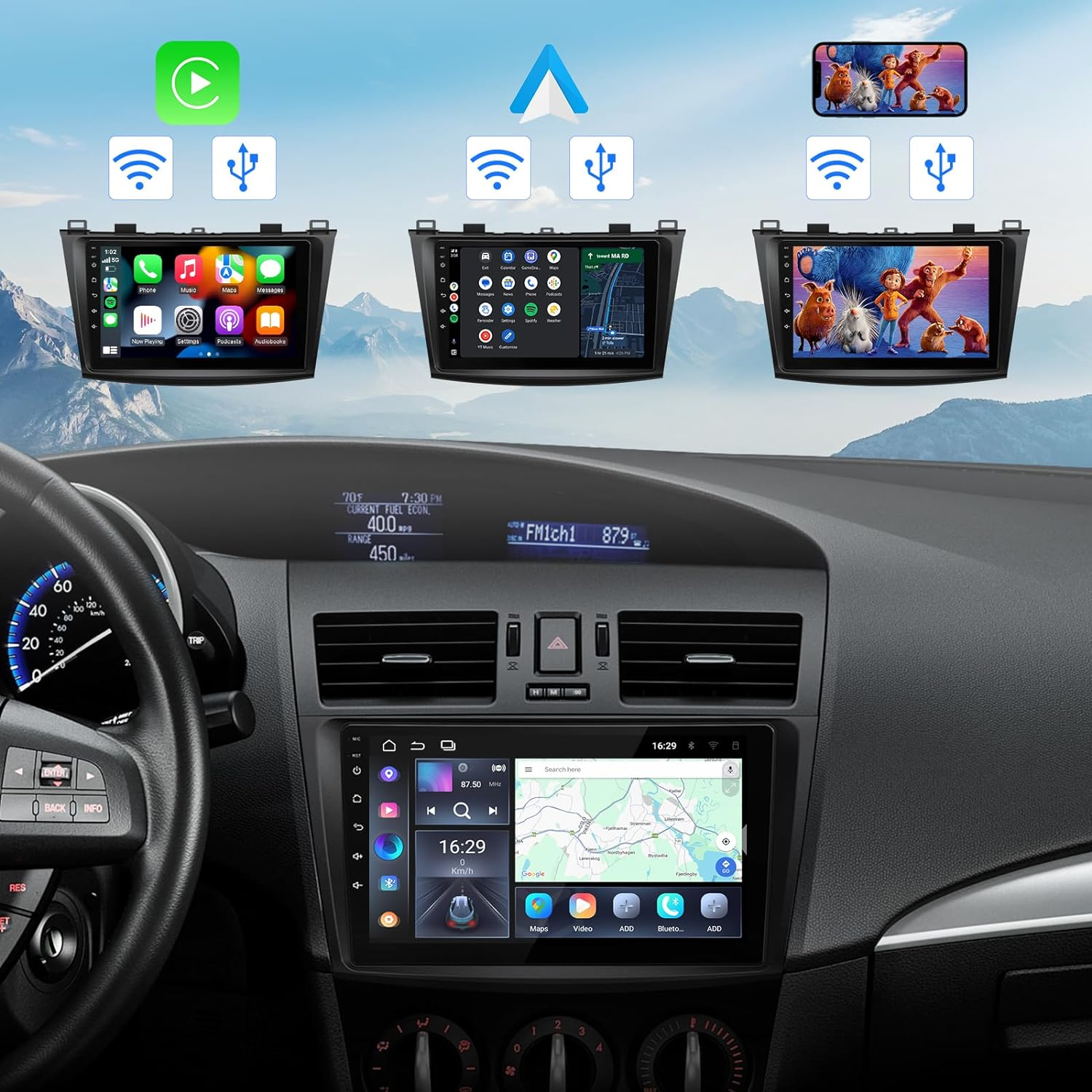 Eonon Car Stereo Receiver for Mazda 3 2010-2013, Wireless Carplay & Android Auto Headunit, 9" Touchscreen GPS Navigation, Bluetooth, AM/FM, SWC, 2G+32G-M3BLA13