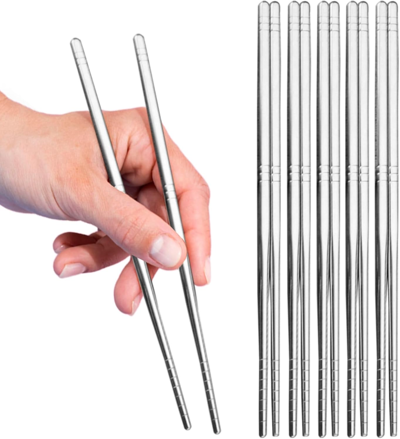 5 Pairs Metal Chopsticks, Stainless Steel Reusable Chop Sticks, Stainless Steel Tableware, Dishwasher Safe Metal Chopsticks Cutlery , Easy to Use Crockery Set, Gift Set (Silver) image number 2