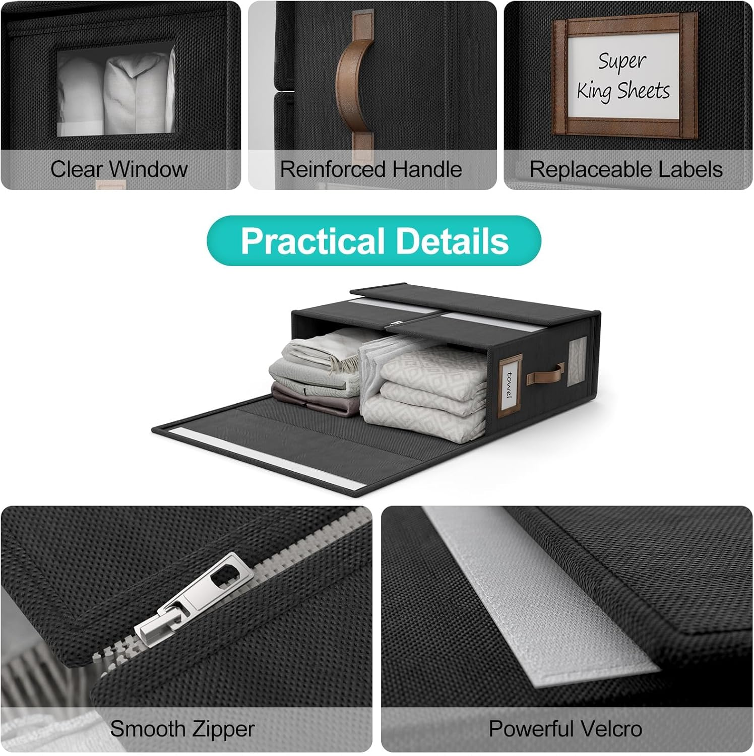 Bed Sheet Organizers and Storage,Foldable Sheet Organizer for Linen Closet,Linen Bedding Storage Box with Leather Handle for Bedsheets,Flannel Blankets,Thin Quilts (Black, 4 Pack) image number 5