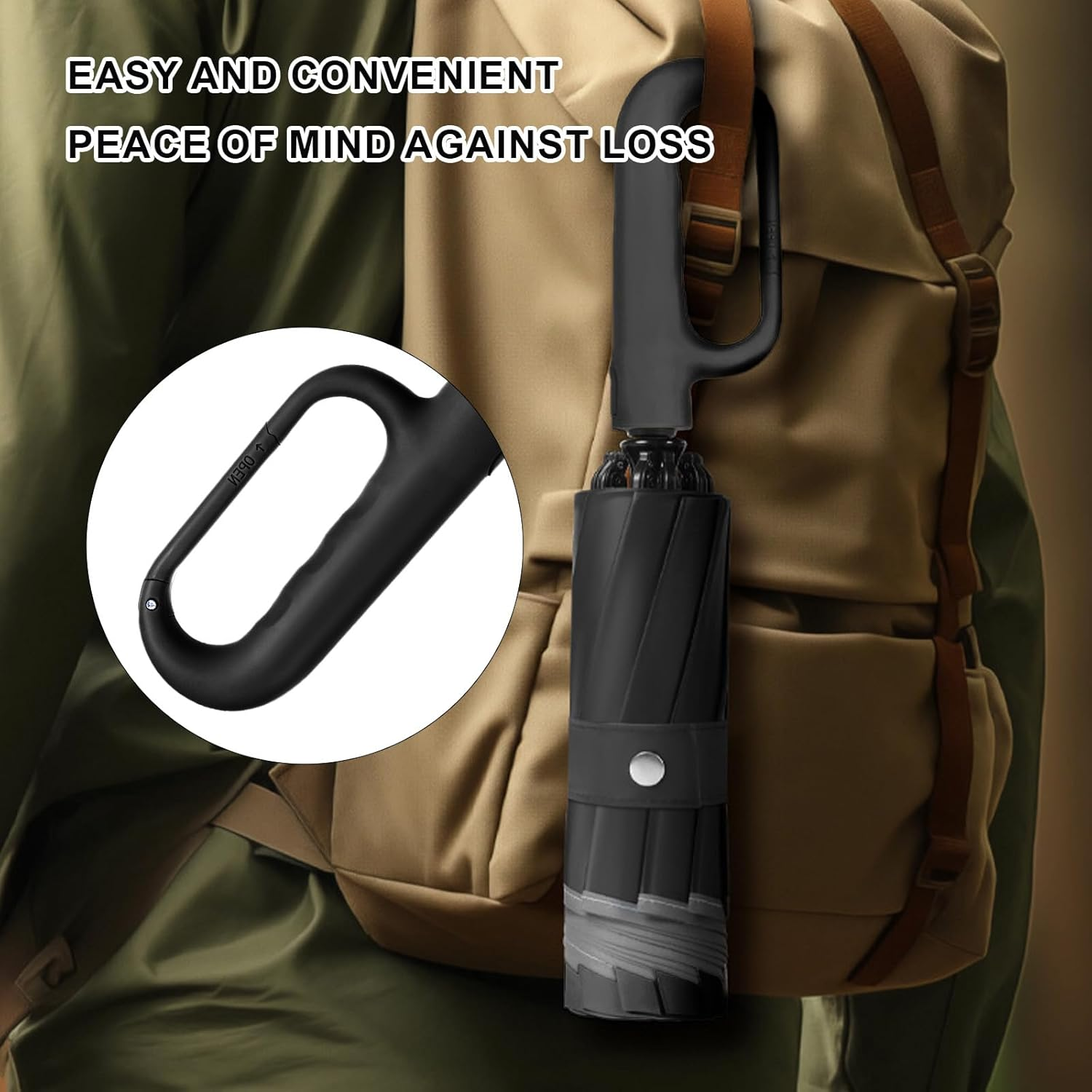 Folding Umbrellas, Automatic Extra Large Compact for Sun & Rain &ndash; Windproof Travel Parasol with Hooking Handle, Inverted Dry Close & Safety Reflective Strips (Black) image number 1