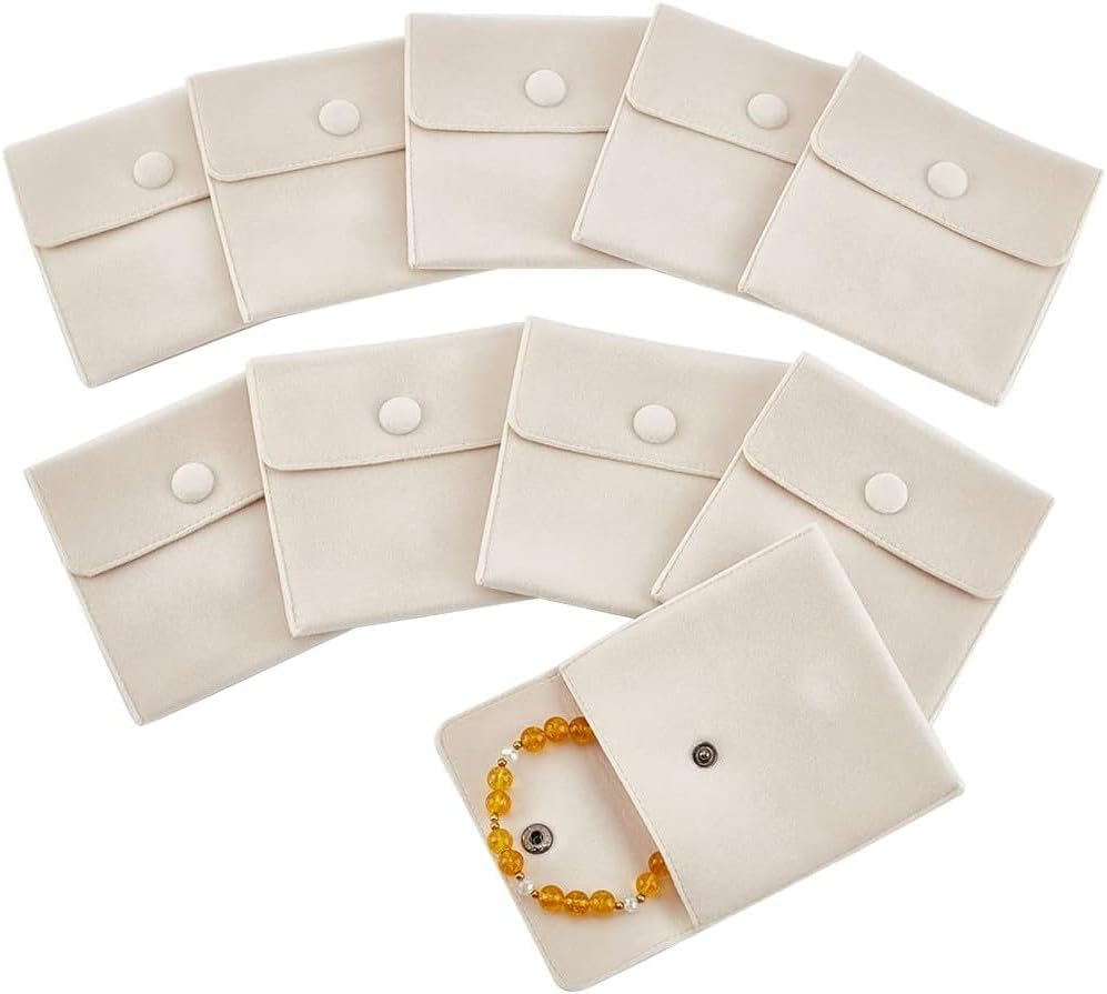 Velvet Jewelry Storage Bags with Snap Button, 10Pcs Velvet Jewelry Pouches with Snap Button for Gift Storage, Velveting Pouch Button Bag with Snaped, Beige image number 5
