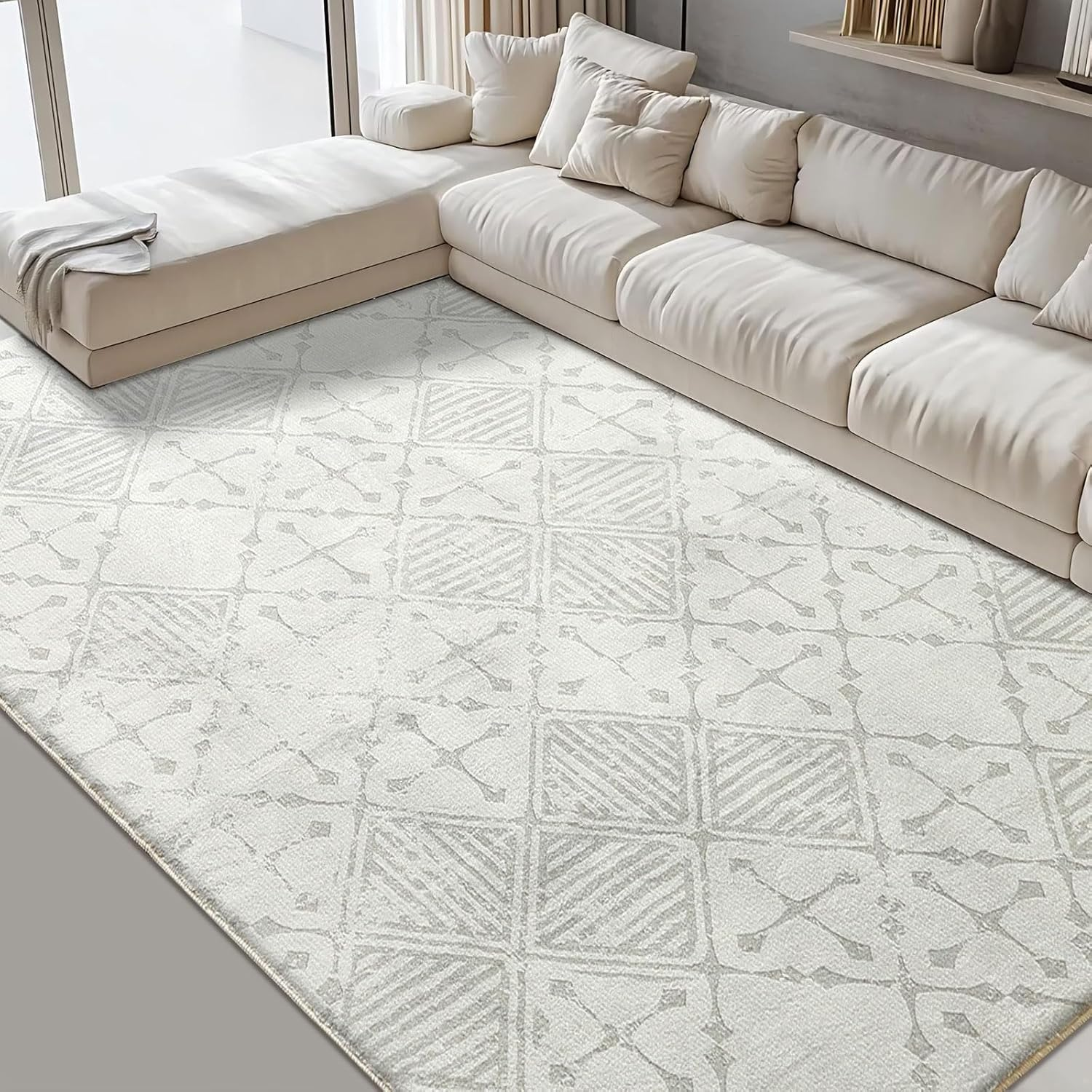 Area Rugs Moroccan Geometric Stripe Rug for Living Room Bedroom Floor Mat Washable Rug Soft Non-Slip Carpet Imitation Cashmere Indoor Rugs Home Decor (Ivory,200 X 250Cm)