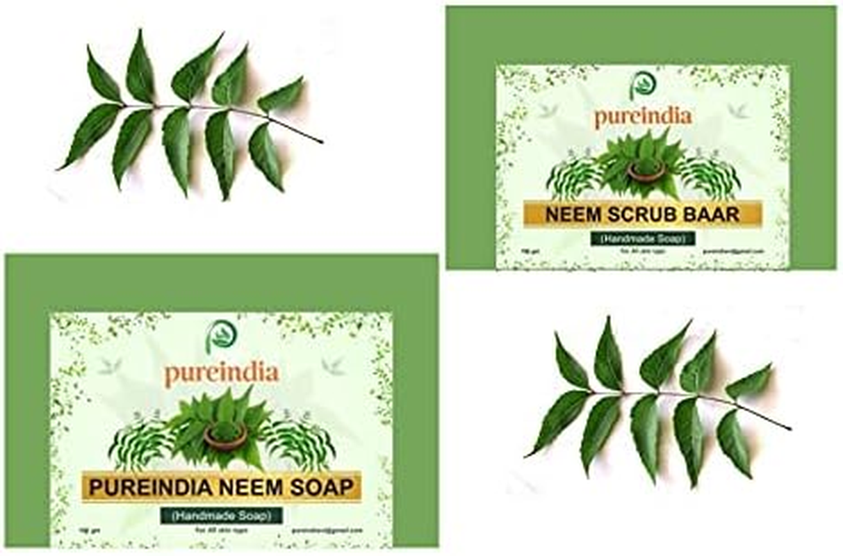 PUREINDIA Handmade Neem Soap & Scrub Bar( Pack of 4) 2 Soap and 2 Scrub Bar, 100Gm Each.(Get Rid of Acne, Pimples and Skin Rashes) image number 1