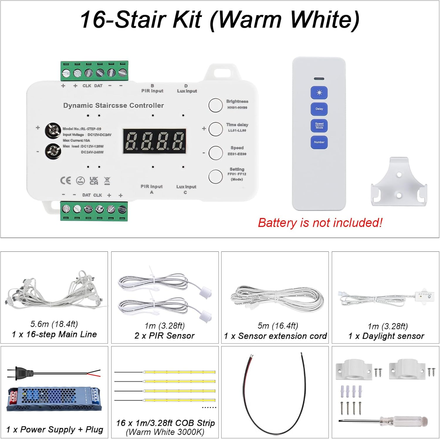 Intelligent Motion Sensor LED Stair Light Kit, Easy Installation with Main Wire, Daylight Sensor & Remote Control, 16 Steps Indoor Staircase Lighting, High Bright Warm White COB Strip CRI>90