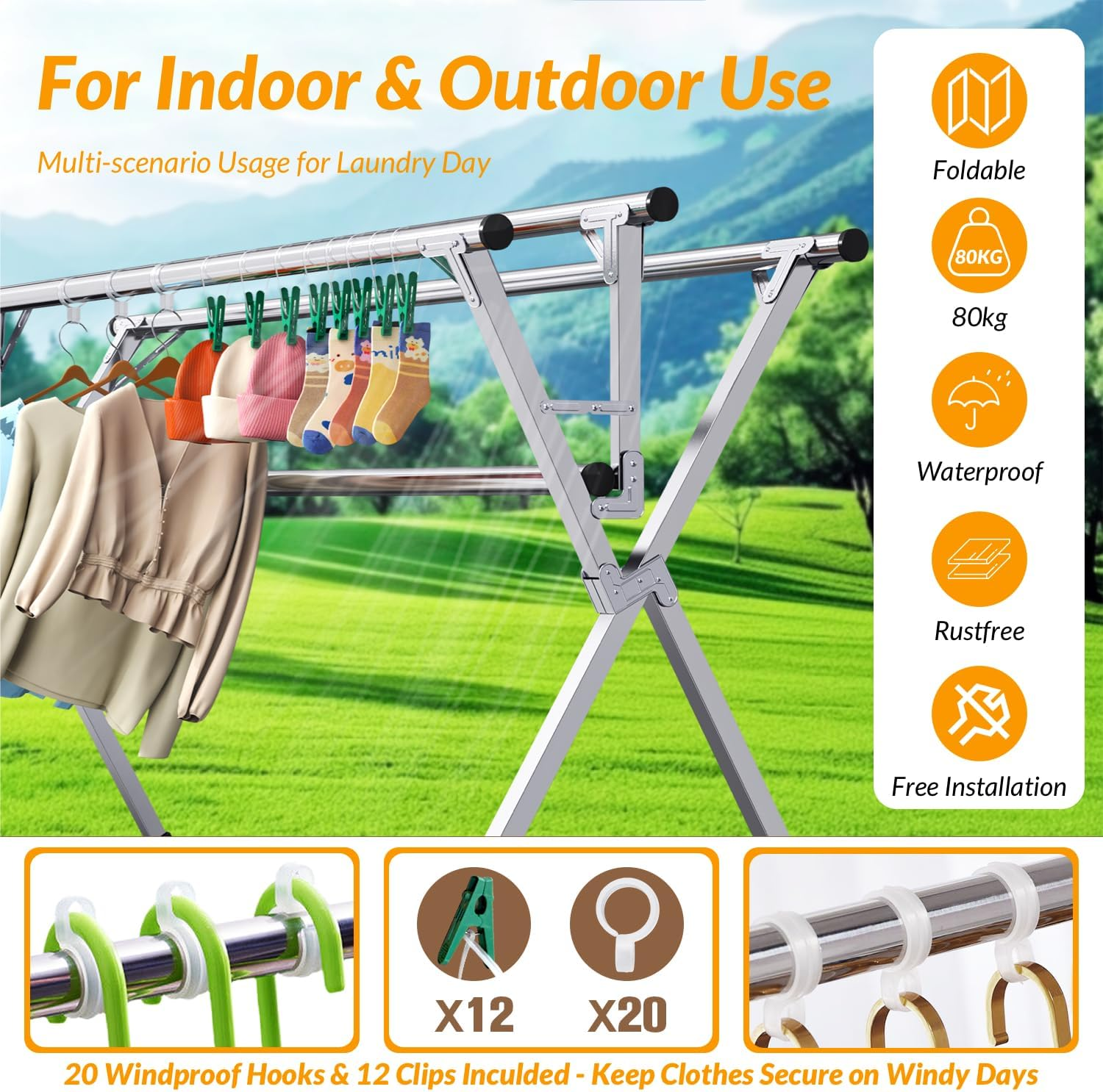 Hormes Clothes Drying Rack, Luxury 2.4M Adjustable Clothes Airer Laundry Drying Rack with 4 Rods, Foldable Stainless Steel Clothes Dryer Stand Horse, 80KG Load, 20 Hooks & 12 Clips for Outdoor Indoor image number 3