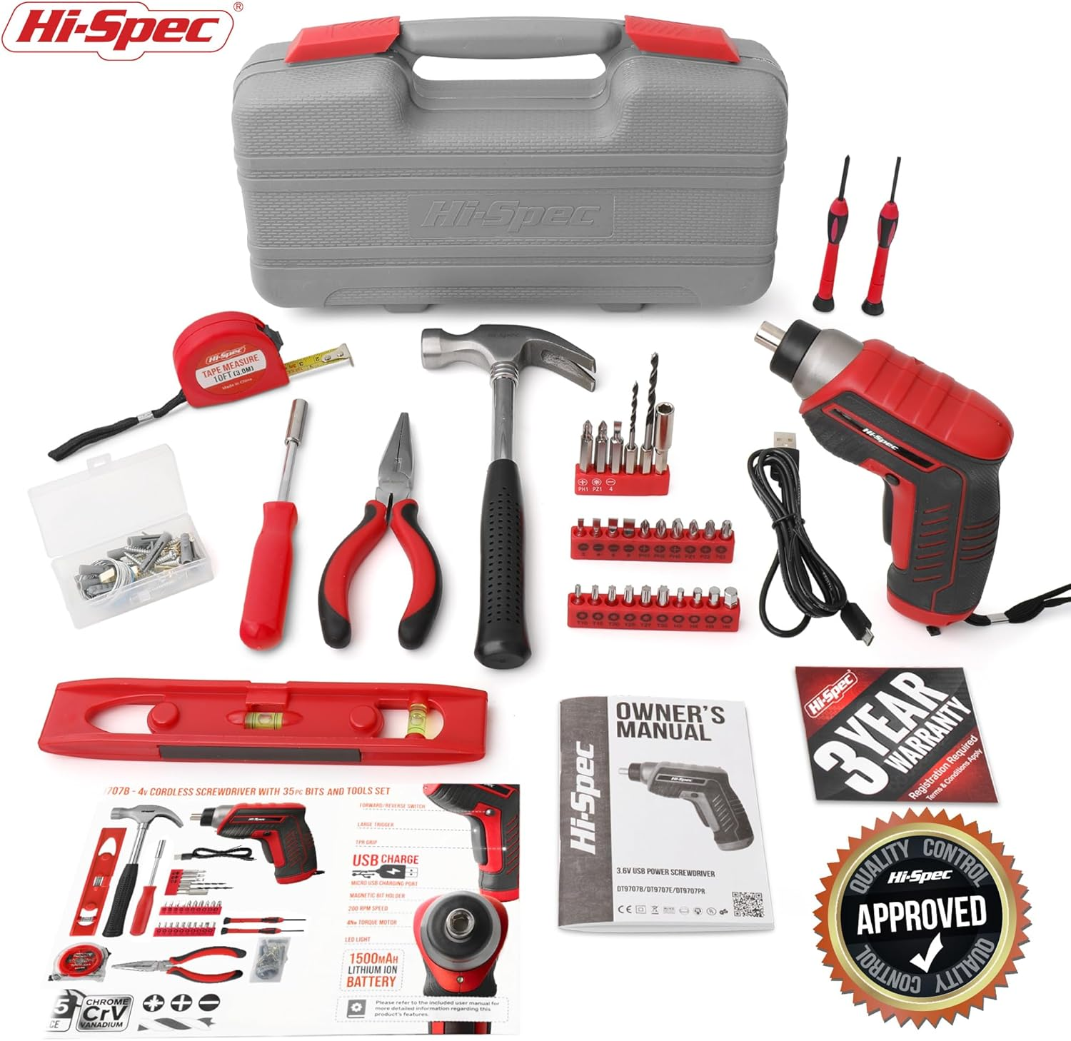 Hi-Spec 35Pc Red Household DIY Toolkit with 3.6V USB Electric Screwdriver and Bit Set. Small Tool Box Set of Starter Basic Tools for Home & Office Repair and Maintenance