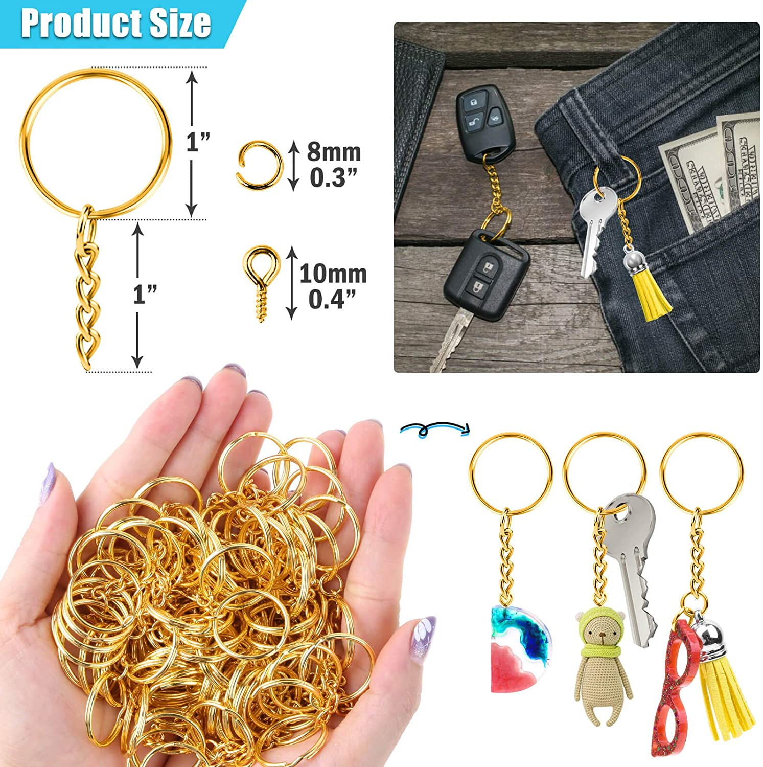 Keychain Rings Kit for Crafts Gold, PAXCOO Includes 100Pcs Split Key Ring with Chain, 100Pcs Jump Rings and 100Pcs Screw Eye Pins for Resin Keychain Making