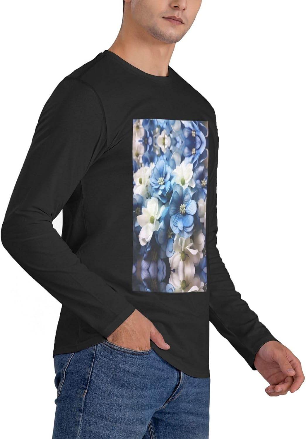 Blue White Flower Men'S round Neck Long Sleeved T-Shirt Casual Long Sleeved Men'S T-Shirt without Pockets