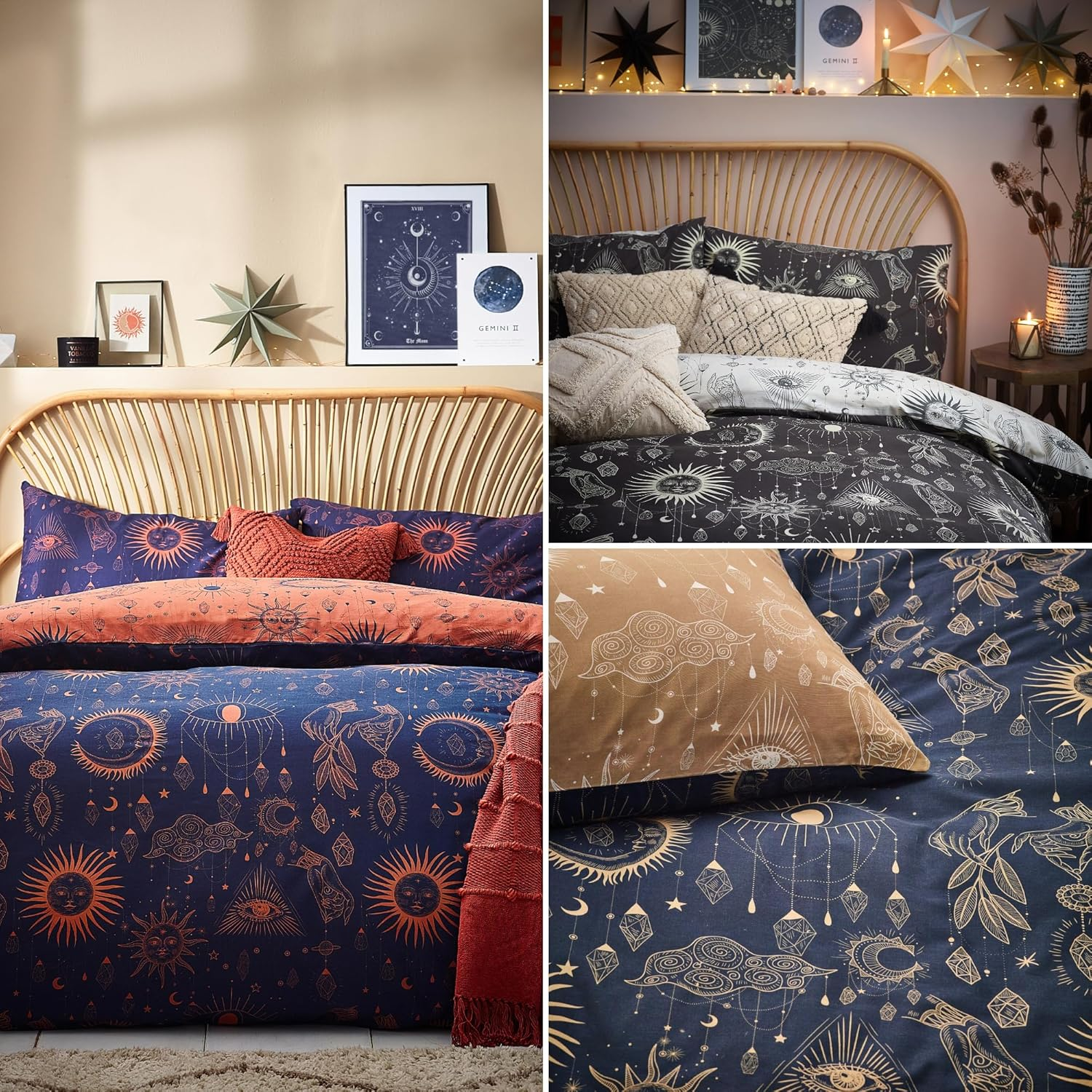Furn. Constellation Duvet Cover Set &ndash; Celestial Galaxy Print with Stars & Moons, Reversible Polycotton Bedding (Gold/Navy &ndash; Super King) image number 6